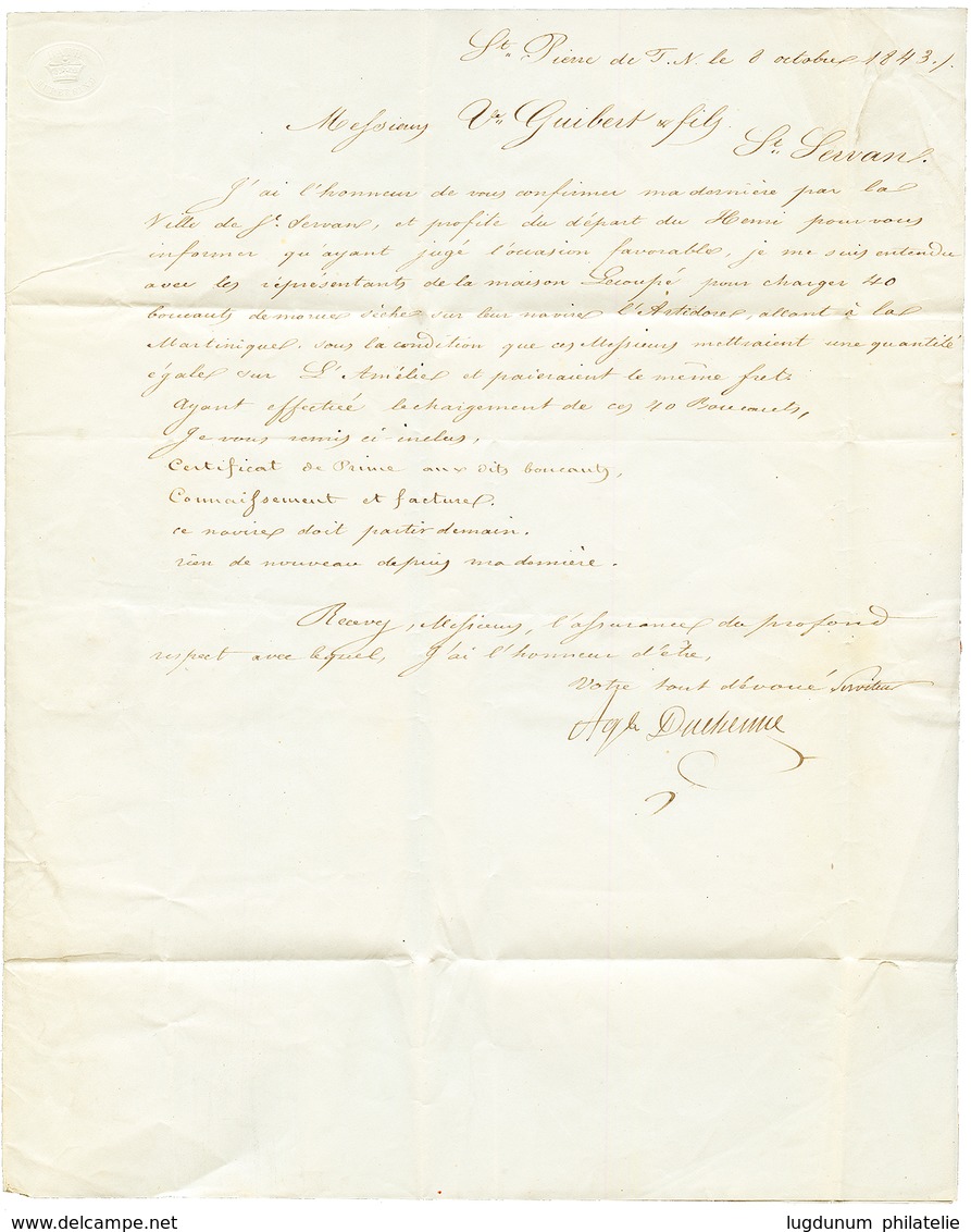 1843 OUTRE-MER GRANVILLE + Taxe 6 Sur Lettre De ST PIERRE TERRE NEUVE Pour ST SERVAN. TTB. - Sonstige & Ohne Zuordnung