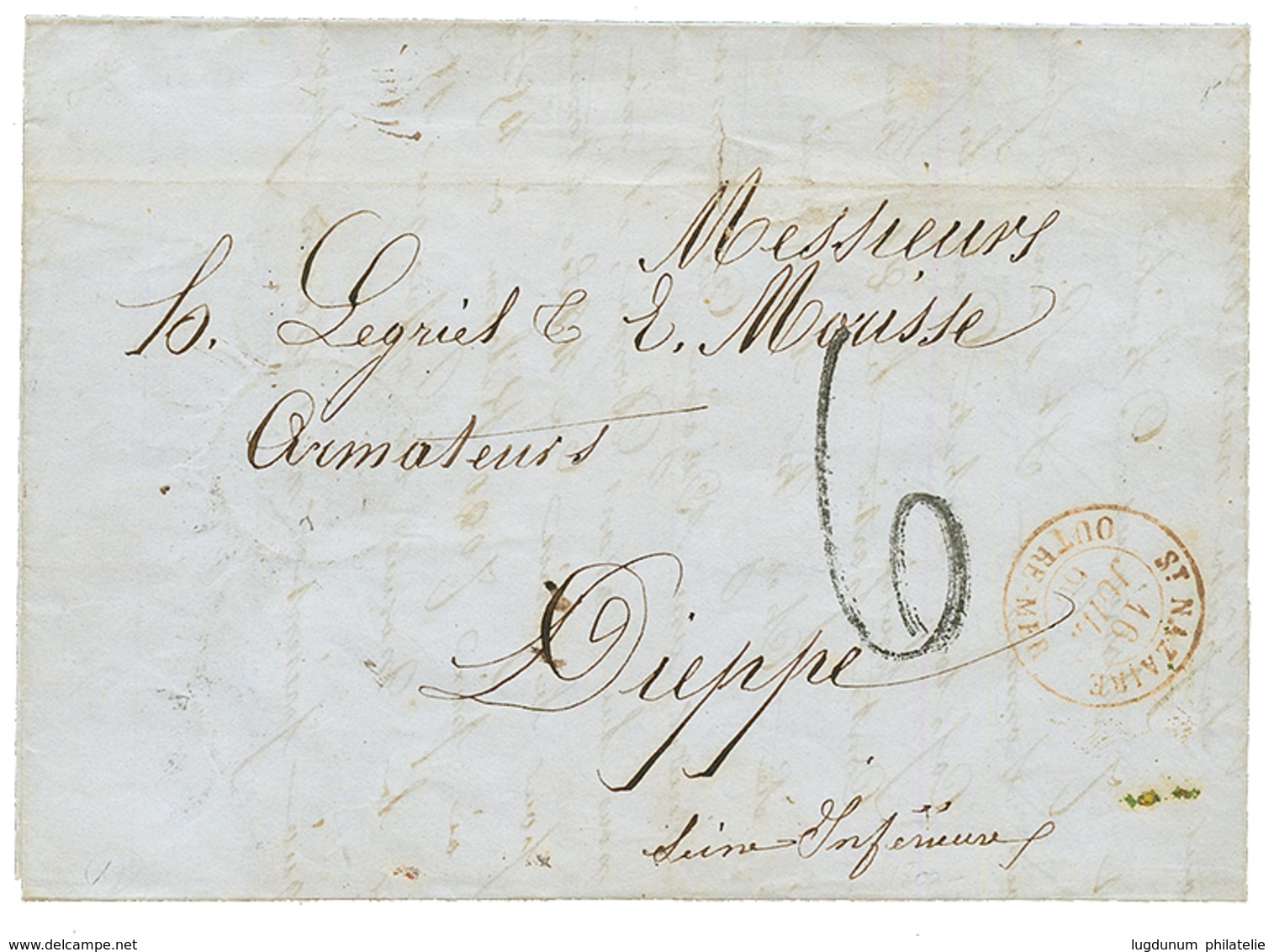 1860 ST NAZAIRE OUTRE-MER + Taxe 6 Sur Lettre De ST PIERRE Pour DIEPPE. Rare. TTB. - Sonstige & Ohne Zuordnung