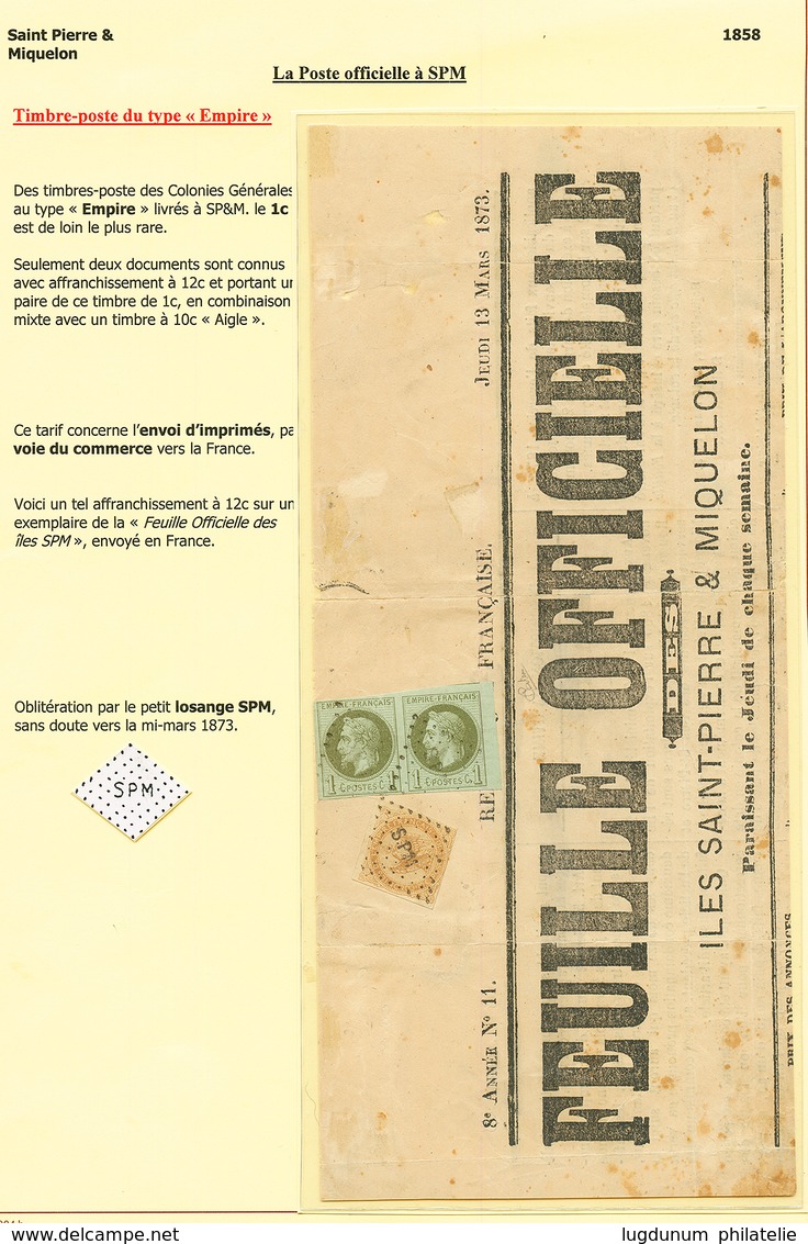 "Journal à 12c" 1873 "FEUILLE OFFICIELLE Des ILES ST PIERRE ET MIQUELON (devant Seulement)" Affranchie Avec 10c AIGLE +  - Other & Unclassified
