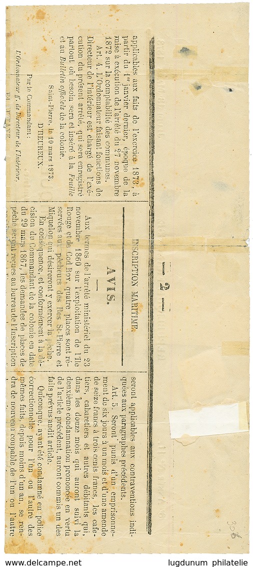 "Journal à 12c" 1873 "FEUILLE OFFICIELLE Des ILES ST PIERRE ET MIQUELON (devant Seulement)" Affranchie Avec 10c AIGLE +  - Other & Unclassified