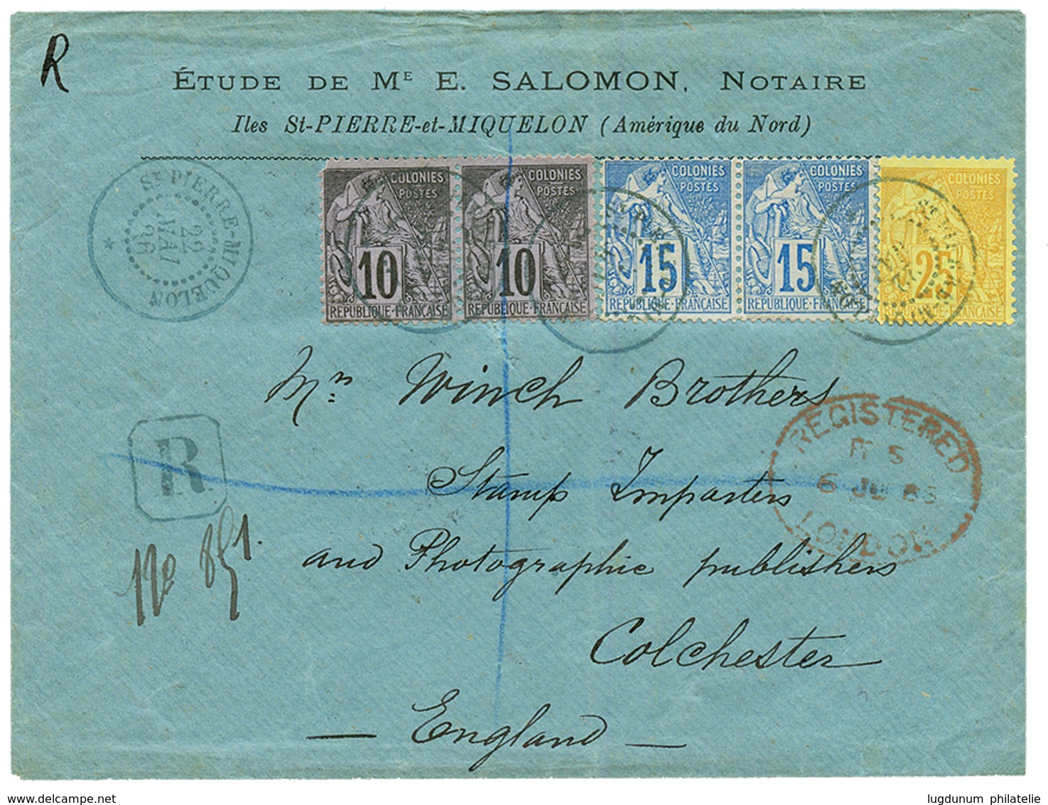 1885 CG 10c (x2) Pd + 15c (x2) + 25c Obl. ST PIERRE ET MIQUELON Sur Enveloppe RECOMMANDEE Pour L' ANGLETERRE. TTB. - Sonstige & Ohne Zuordnung