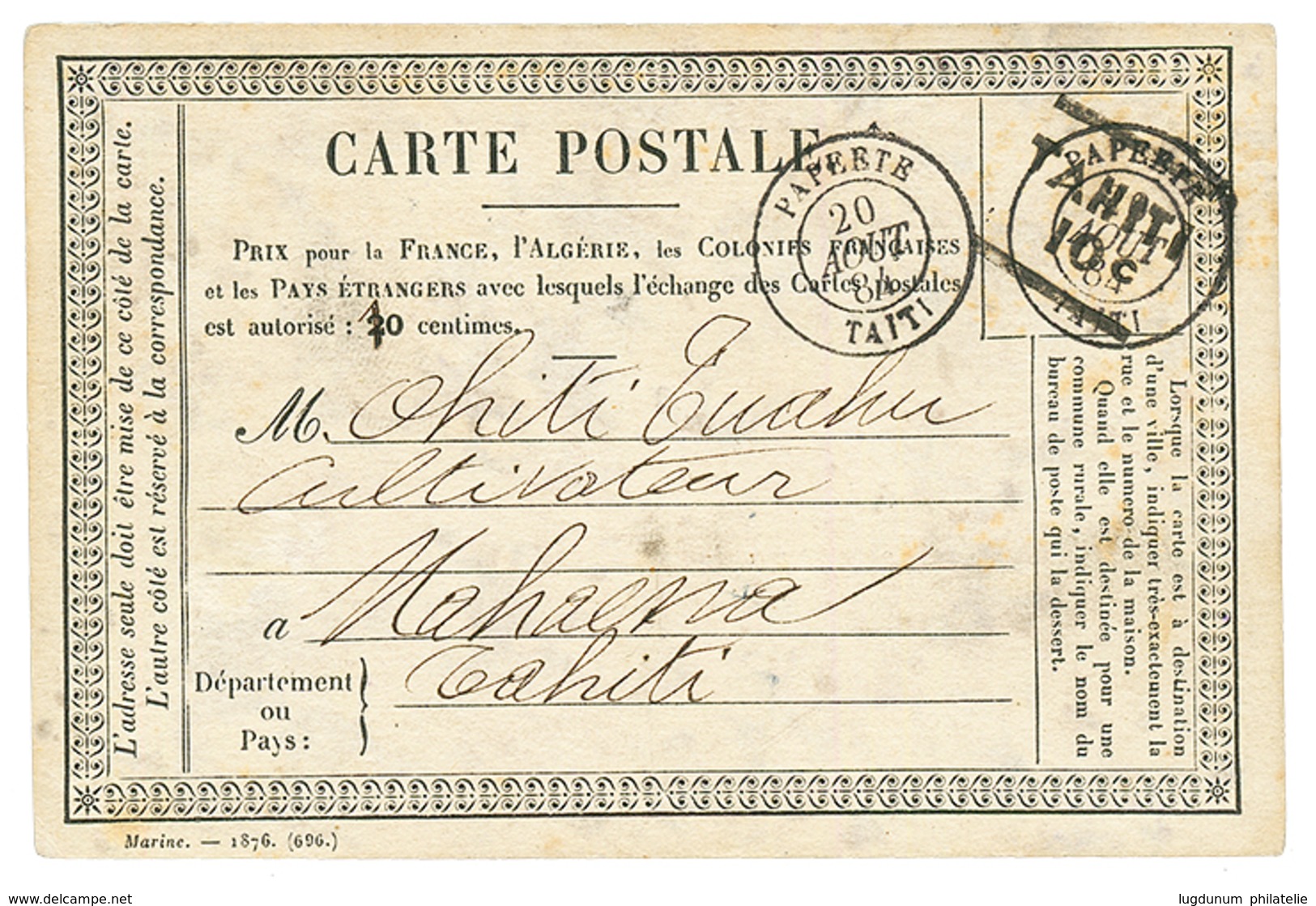 1884 Cachet TAHITI / 10c Sur CARTE PRECURSEUR De PAPEETE Pour MAHAENA. TB. - Sonstige & Ohne Zuordnung