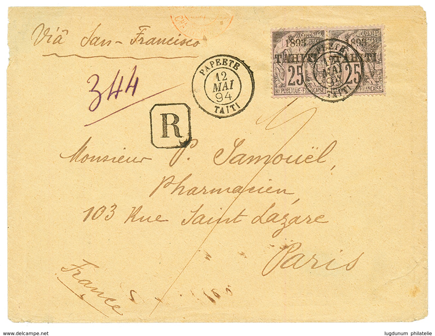 TAHITI : 1894 Paire 25c Sur Enveloppe RECOMMANDEE De PAPEETE Pour PARIS. TTB. - Sonstige & Ohne Zuordnung