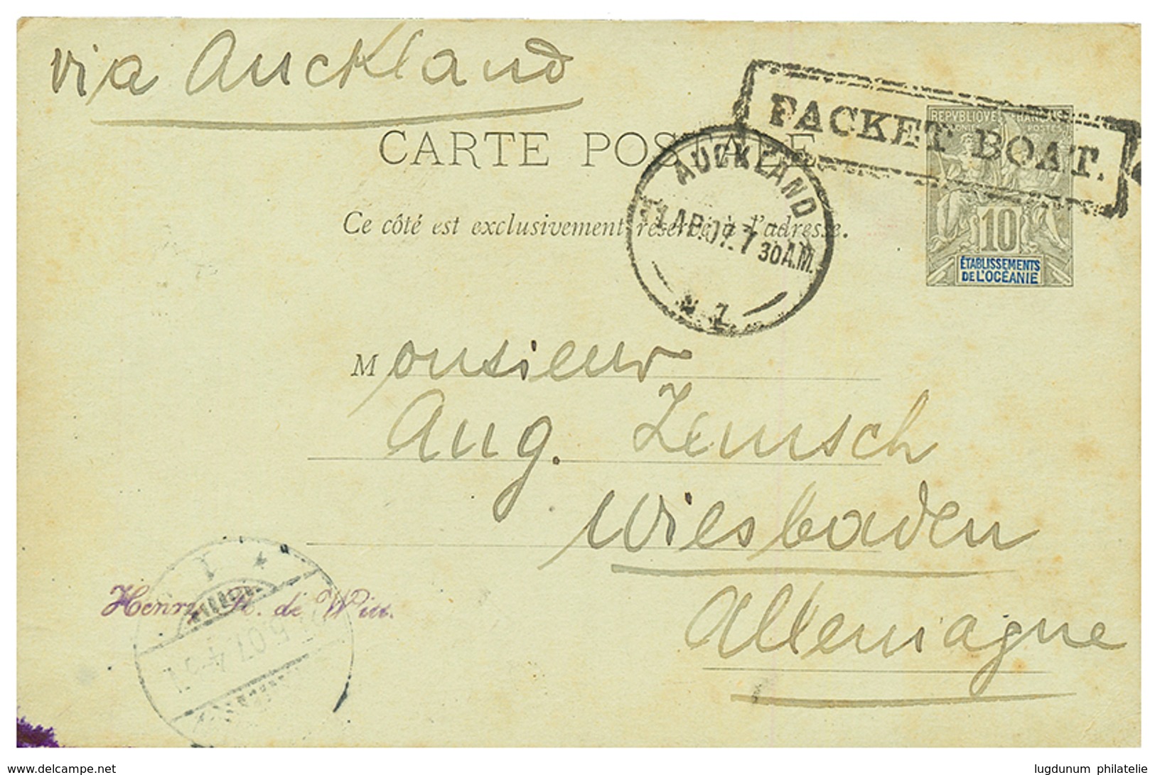 1907 OCEANIE Entier 10c Daté PAPEETE Obl. PACKET BOAT + AUCKLAND Pour L' ALLEMAGNE. RARE. Superbe. - Sonstige & Ohne Zuordnung