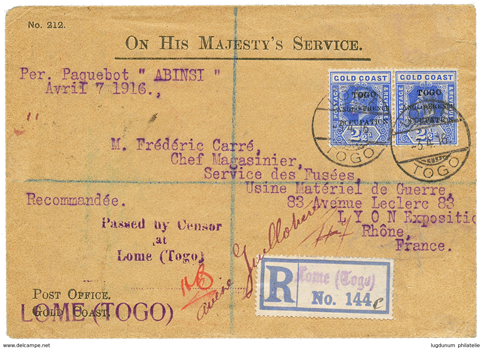 ANGLO-FRENCH Occup. : 1916 Paire 2 1/2d Obl. LOME Sur Env. "ON HIS MAJESTY'S SERVICE" Pour LYON. TTB. - Sonstige & Ohne Zuordnung