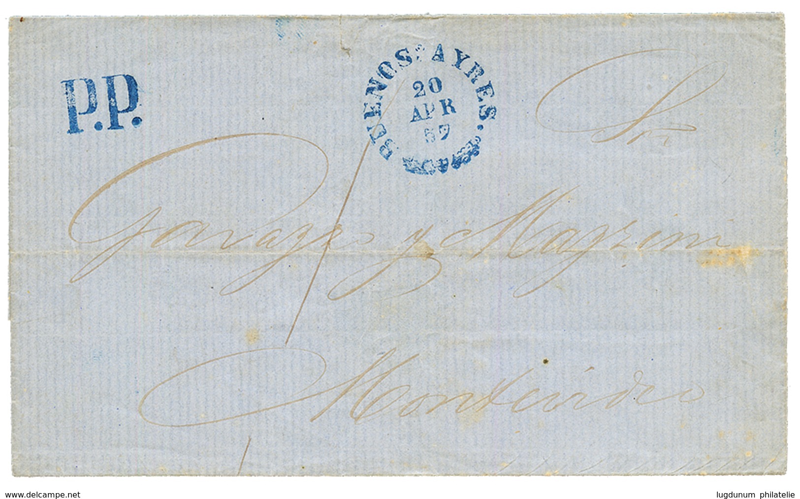 ARGENTINA : 1857 BUENOS AYRES + P.P In Blue On Cover To MONTEVIDEO. GREAT RARITY Of Superb Quality. MOORHOUSE Certificat - Other & Unclassified