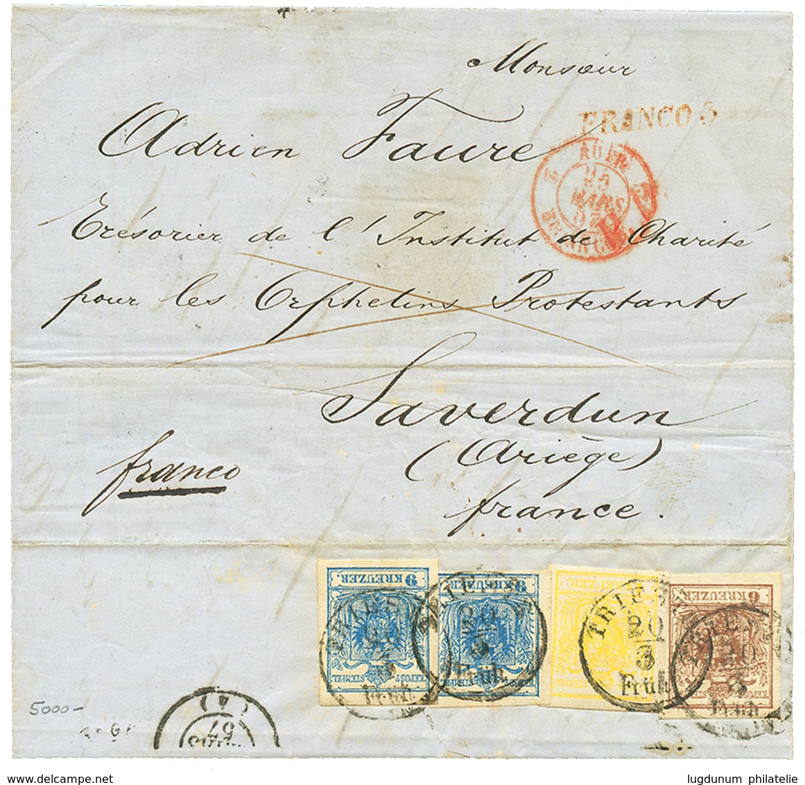 AUSTRIA : 1857 First Issue 1k + 6k + 9k (x2) All With Large Margins Canc. TRIESTE On Reverse Of Entire Letter To FRANCE. - Sonstige & Ohne Zuordnung