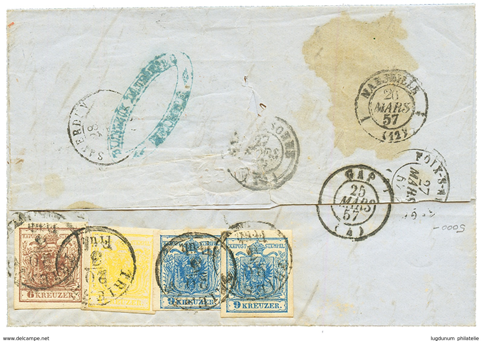 AUSTRIA : 1857 First Issue 1k + 6k + 9k (x2) All With Large Margins Canc. TRIESTE On Reverse Of Entire Letter To FRANCE. - Other & Unclassified