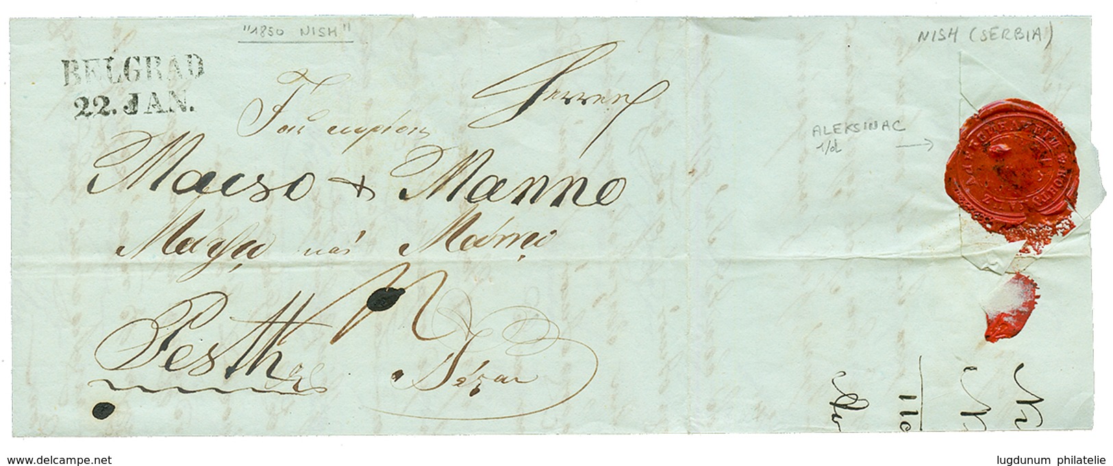 1850 BELGRAD/22.JAN. + Rare Wax Seal DISINFECTED ALEKSINAC (n°1d) On Reverse Of Entire Letter From NISH To PEST. Vvf. - Eastern Austria