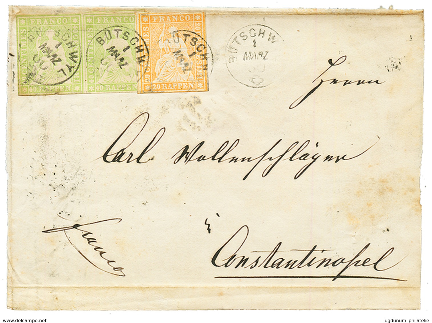 "CONSTANTINOPLE Via TRIEST" : 1860 SWITZERLAND 20R + Pair 40R Canc. BOTSCHWYL On Entire (side Flap Missing) To CONSTANTI - Levant Autrichien