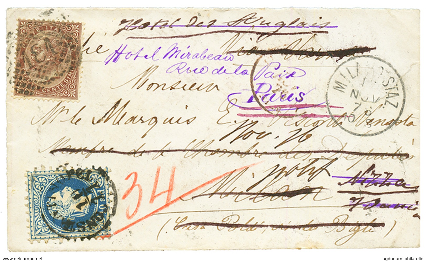 1876 AUSTRIAN LEVANT 10 SOLDI Canc. CONSTANTINOPEL On Envelope To MILANO Redirected With ITALY 30c To NIZZA & PARIS. Rar - Eastern Austria