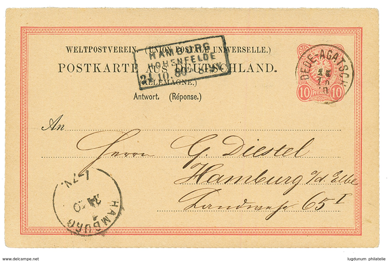 "DEDEAGH" : 1880 GERMANY P./Stat 10pf Canc. DEDE-AGATSCH To HAMBURG. Unique. Superb. - Levant Autrichien