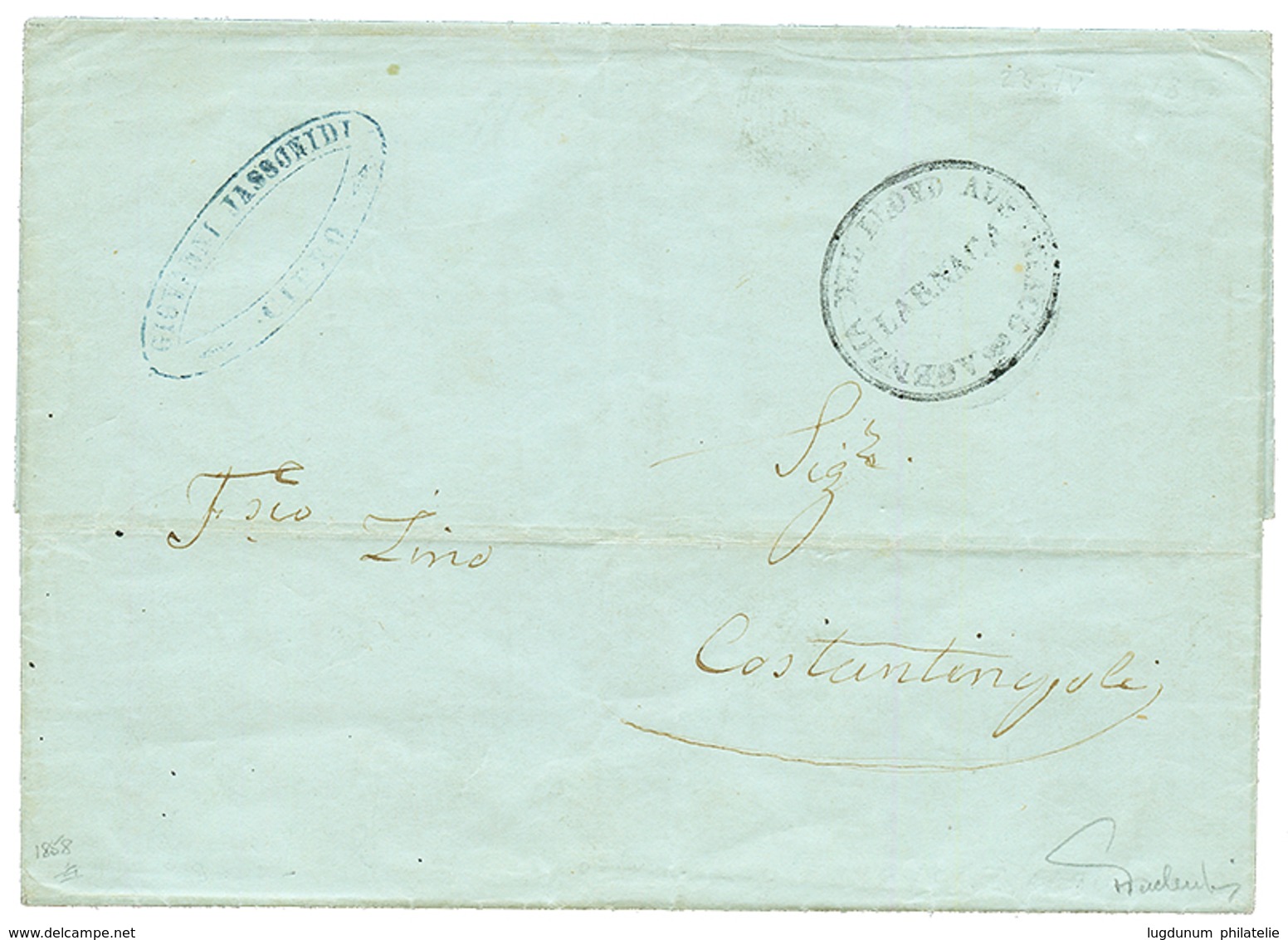 "LLOYD AUSTRIACO LARNACA" : 1858 AGENZIA DEL LLOYD AUSTRIACO LARNACA On Entire Letter Datelined "LIMASOL" To CONSTANTINO - Levante-Marken