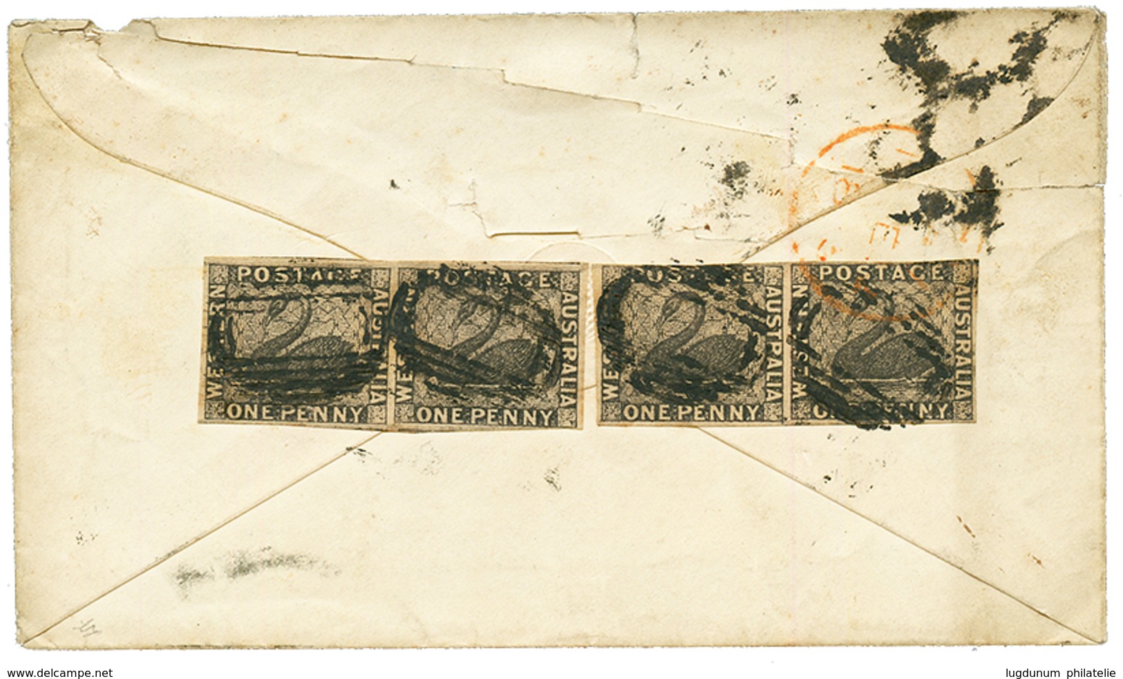 WESTERN AUSTRALIA : 1854 1d Black (SG 1) 2 Pair Canc. Mute Ovals Of Bars On Reverse Of Envelope (tear) From PERTH To ENG - Sonstige & Ohne Zuordnung