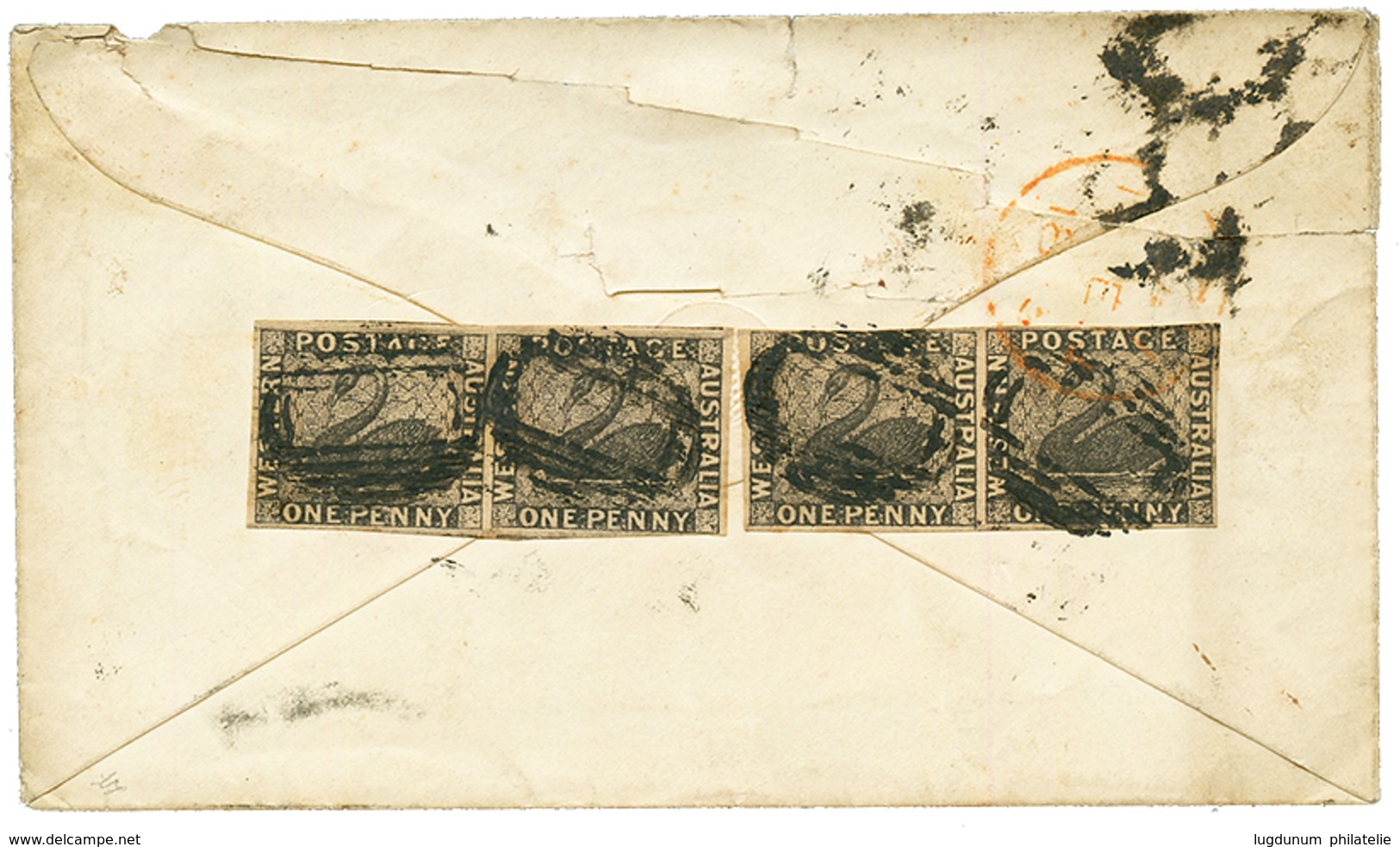 WESTERN AUSTRALIA : 1854 1d Black (SG 1) 2 Pair Canc. Mute Ovals Of Bars On Reverse Of Envelope (tear) From PERTH To ENG - Autres & Non Classés