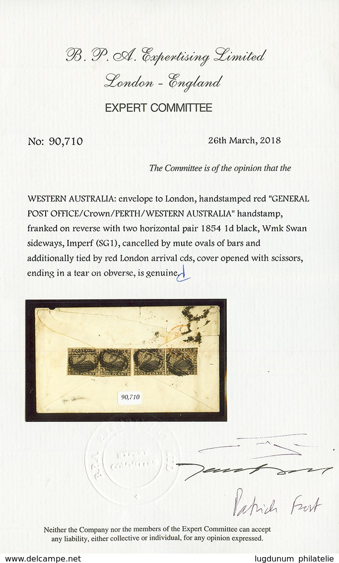 WESTERN AUSTRALIA : 1854 1d Black (SG 1) 2 Pair Canc. Mute Ovals Of Bars On Reverse Of Envelope (tear) From PERTH To ENG - Other & Unclassified