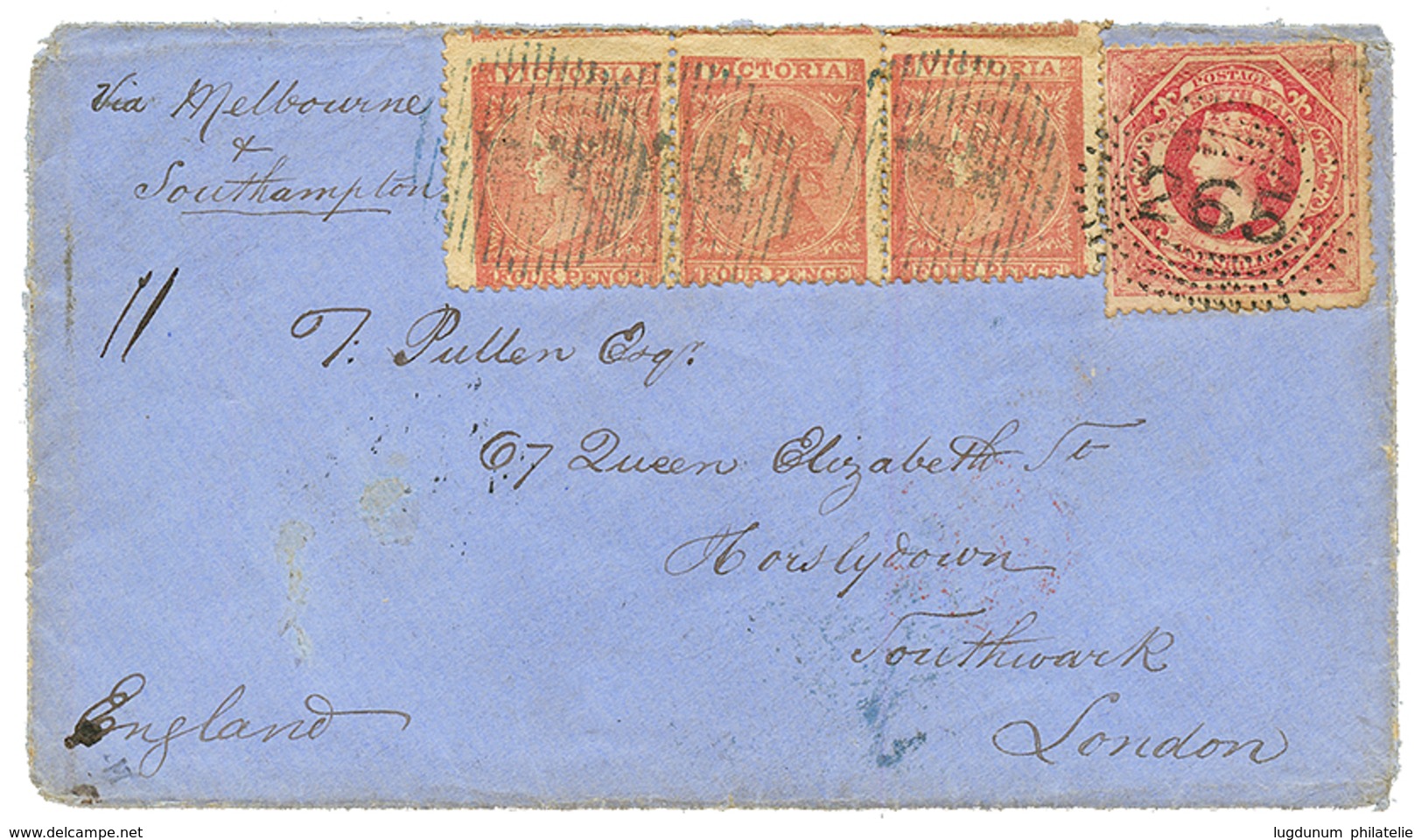 "NEW SOUTH WALES / VICTORIA Combination" : 1865 VICTORIA 4d Strip Of 3 + NEW SOUTH WALES 1 SHILLING Canc. 265 On Envelop - Sonstige & Ohne Zuordnung