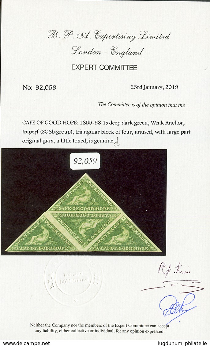 CAPE OF GOOD HOPE : 1 SHILLING Dark Green (SG 8b) Triangular Block Of 4 Unused With Large Part Original Gum. RARE. B.P.A - Cabo De Buena Esperanza (1853-1904)