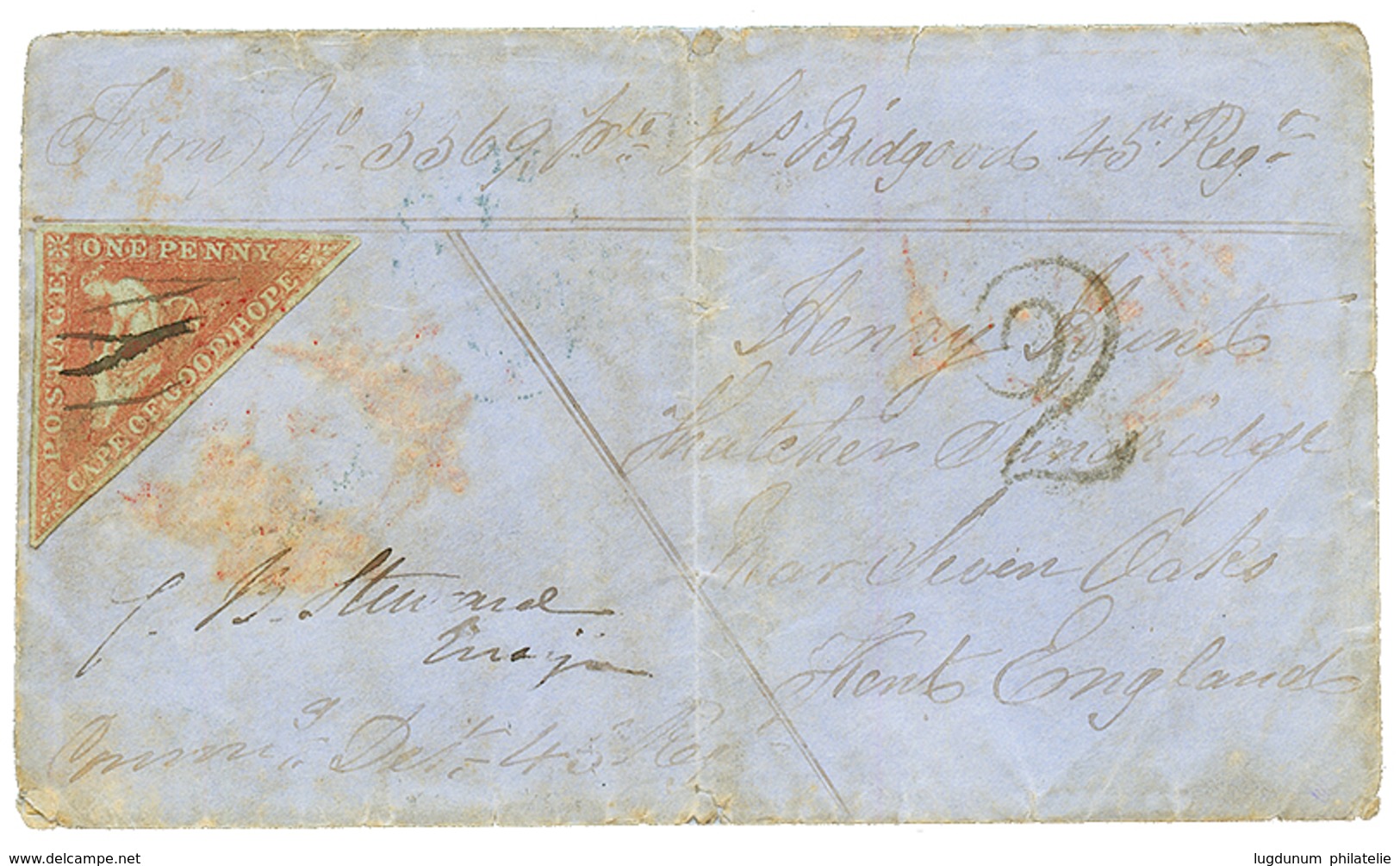 CAPE OF GOOD HOPE -SOLDIER LETTER : 1856 1 PENNY Red Pen Cancel On MILITARY Envelope To ENGLAND. Some Faults But Rare. F - Kap Der Guten Hoffnung (1853-1904)