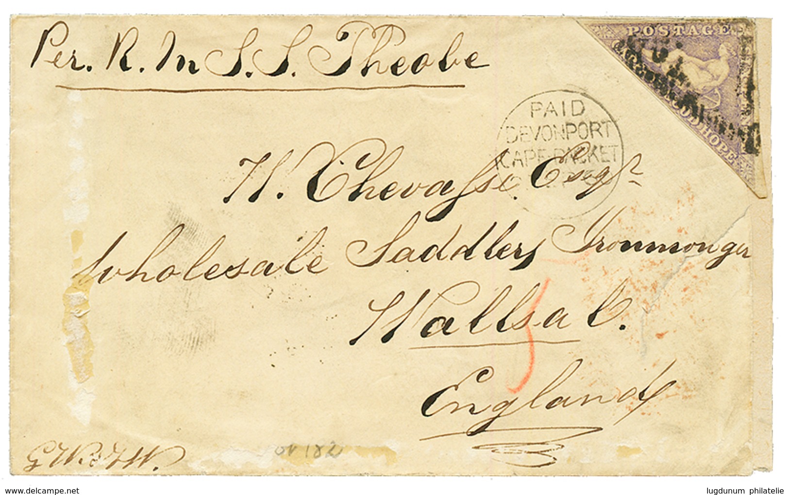 CAPE OF GOOD HOPE : 1860 6d Lilac 3 Close To Large Margins + PAID DEVONPORT CAPE-PACKET On Envelope To ENGLAND. Some Fau - Cape Of Good Hope (1853-1904)