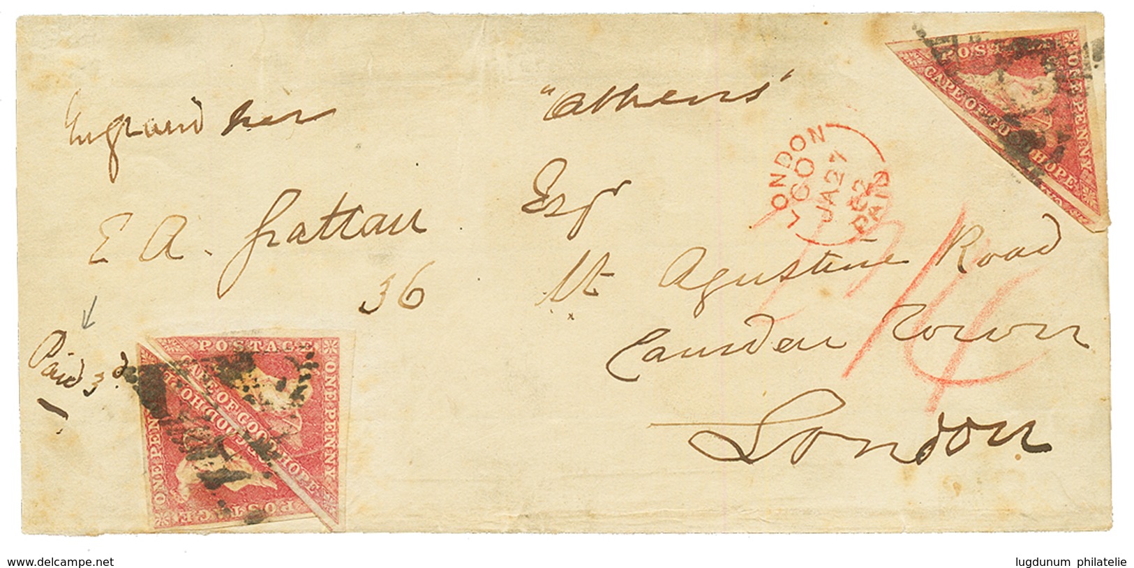 CAPE OF GOOD HOPE : 1862 1 PENNY Red (x3) + "PAID 3d" Manuscrit On Cover (FRONT Only) To LONDON. Scarce. Vf. - Kap Der Guten Hoffnung (1853-1904)