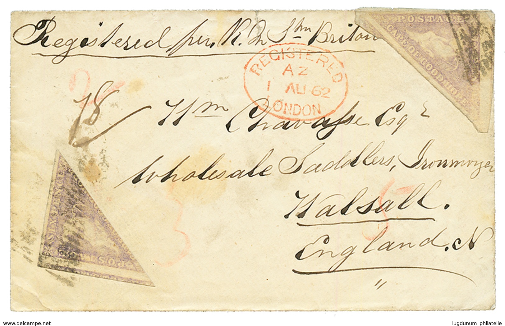 CAPE OF GOOD HOPE : 1862 6d Lilac (x2) + REGISTERED LONDON On Envelope From CAPETOWN To WALSALL (ENGLAND). One Stamp Cut - Kap Der Guten Hoffnung (1853-1904)