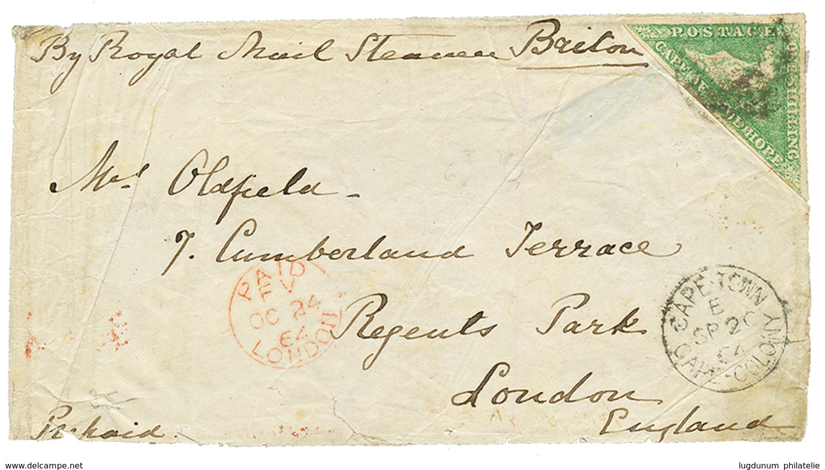 CAPE OF GOOD HOPE : 1864 1 SHILLING Emerald Green With Nice Margins On Envelope From CAPE-TOWN To ENGLAND. Vf. - Kap Der Guten Hoffnung (1853-1904)