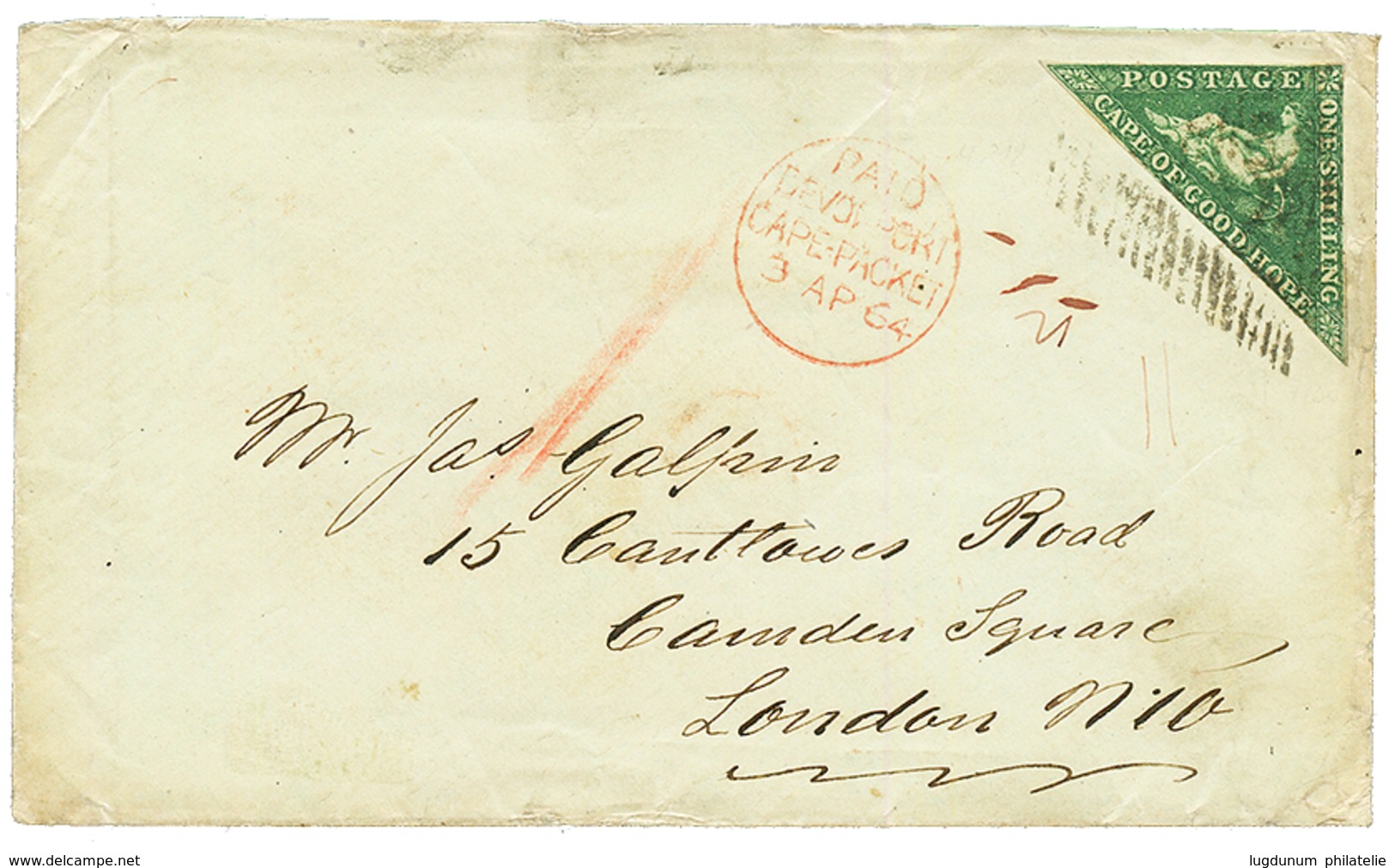 CAPE OF GOOD HOPE : 1864 1 SHILLING Deep DARK Green (just Touched) On Envelope From CAPE-TOWN To ENGLAND. Vf. - Cape Of Good Hope (1853-1904)