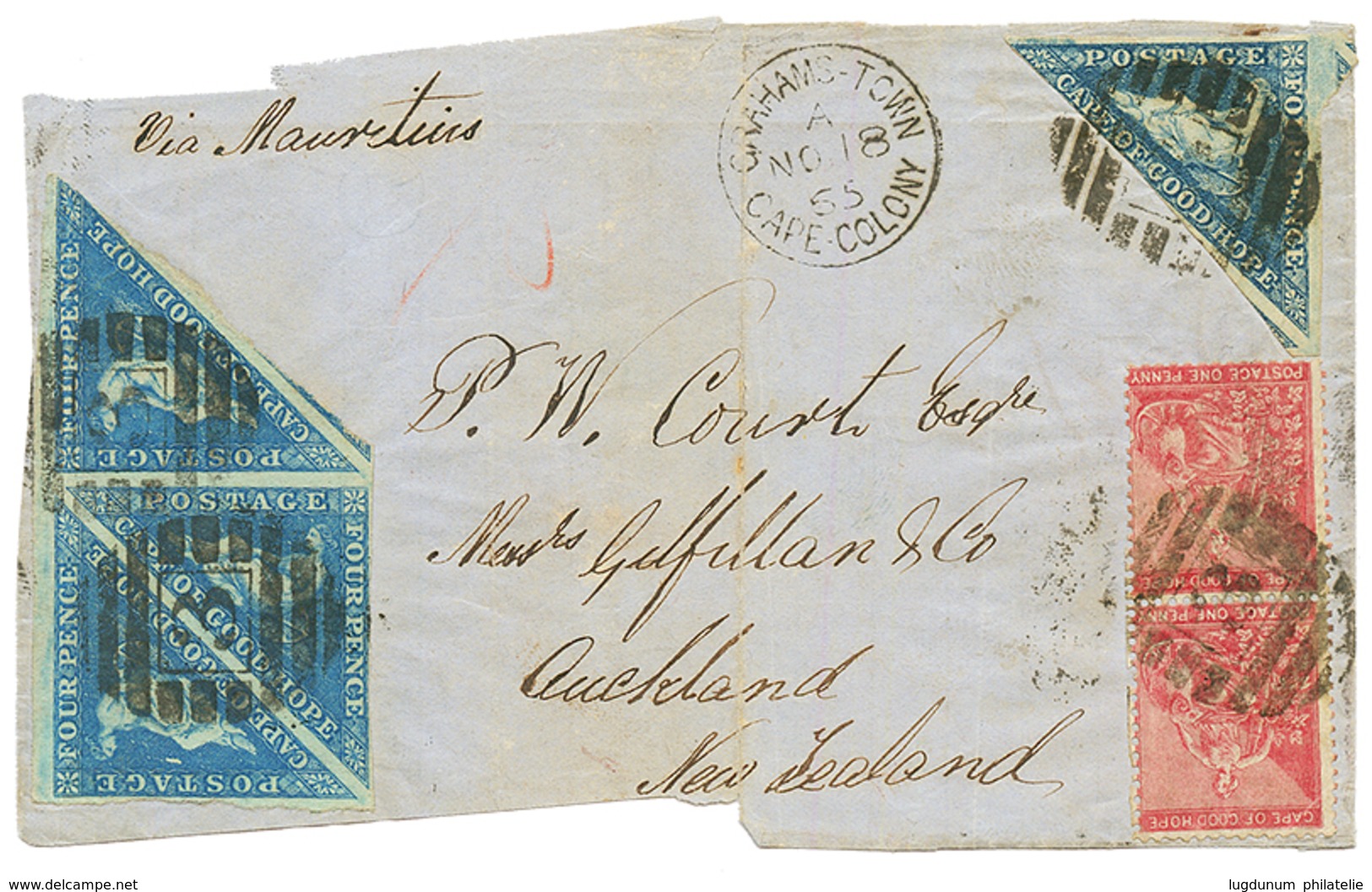 1865 TRiangular 4d (x4) + 1d Red(x2) Canc. 3 + GRAHAMS-TOWN CAPE COLONY On Cover (FRONT Only) Via "MAURITIUS" To AUCKLAN - Kap Der Guten Hoffnung (1853-1904)