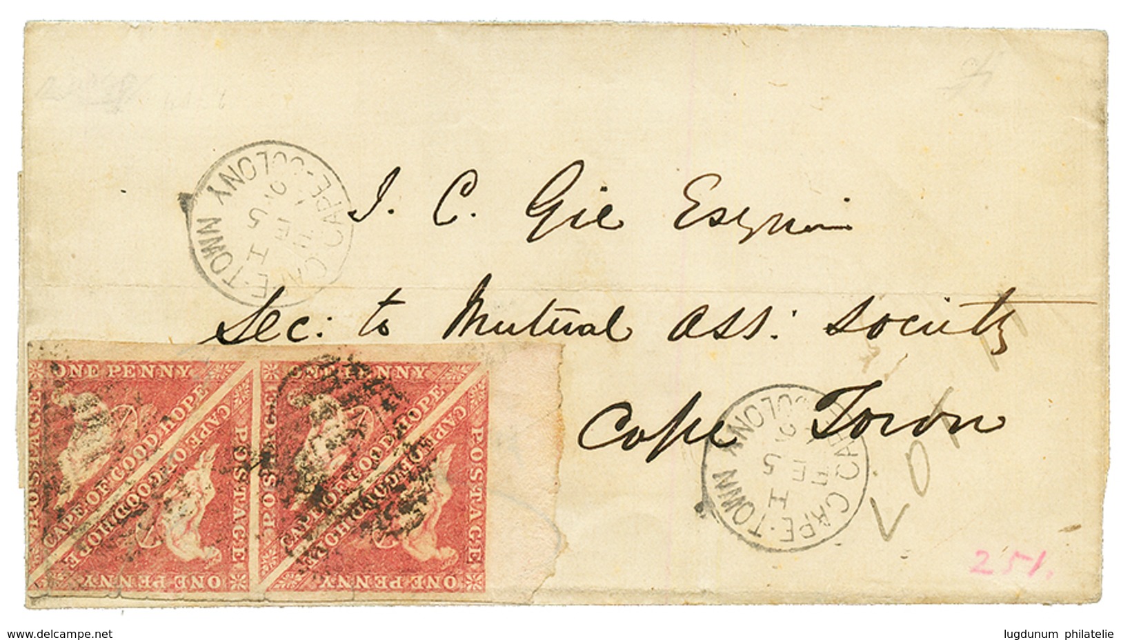 CAPE OF GOOD HOPE : 1866 1 PENNY Red Block Of 4 (just Touched At Left) + CAPE-TOWN CAP COLONY On Local Cover To CAPE-TOW - Cape Of Good Hope (1853-1904)