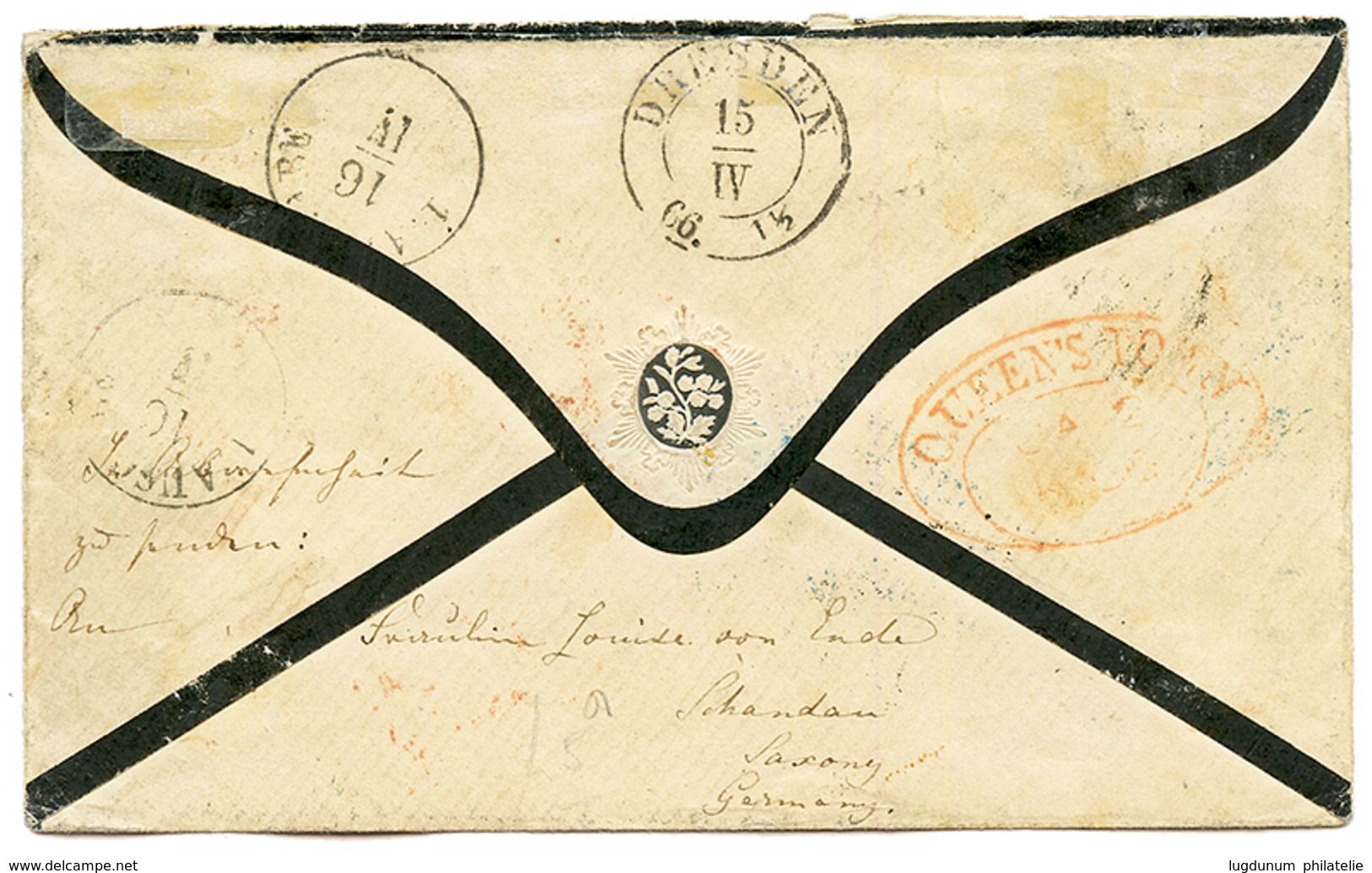 CAPE OF GOOD HOPE To SAXONY : 1866 Pair 4d (touched At Left) Canc. On Envelope To DRESDEN ( GERMANY). Verso, Red QUEEN'S - Kap Der Guten Hoffnung (1853-1904)