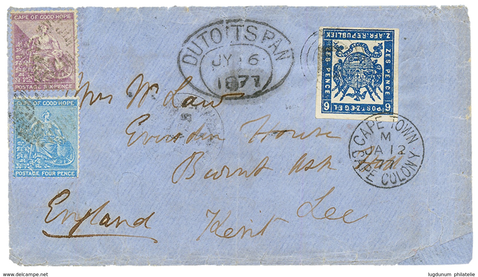 1877 Z.A.R 6d Imperforate + CAPE OF GOOD HOPE 4d + 6d On Envelope From DUTOLTSPAN Via CAPE TOWN CAPE COLONY To ENGLAND.  - Cape Of Good Hope (1853-1904)