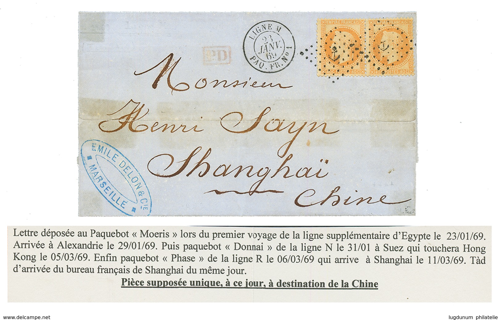 "LIGNE M To SHANGHAI" : 1869 FRANCE 40(x2) Canc. ANCHOR + Extrelely Rare Cachet LIGNE M PAQ FR N°1 (unique ) On Cover (s - Sonstige & Ohne Zuordnung