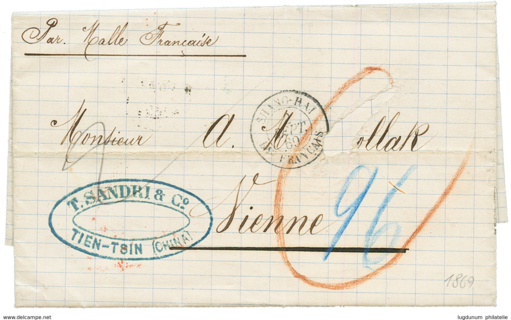 "TIENTSIN - PRECURSOR" : 1869 French Cachet SHANGHAI Bau FRANCAIS + Tax Marking On Entire Letter (fault) From TIEN-TSIN  - Other & Unclassified