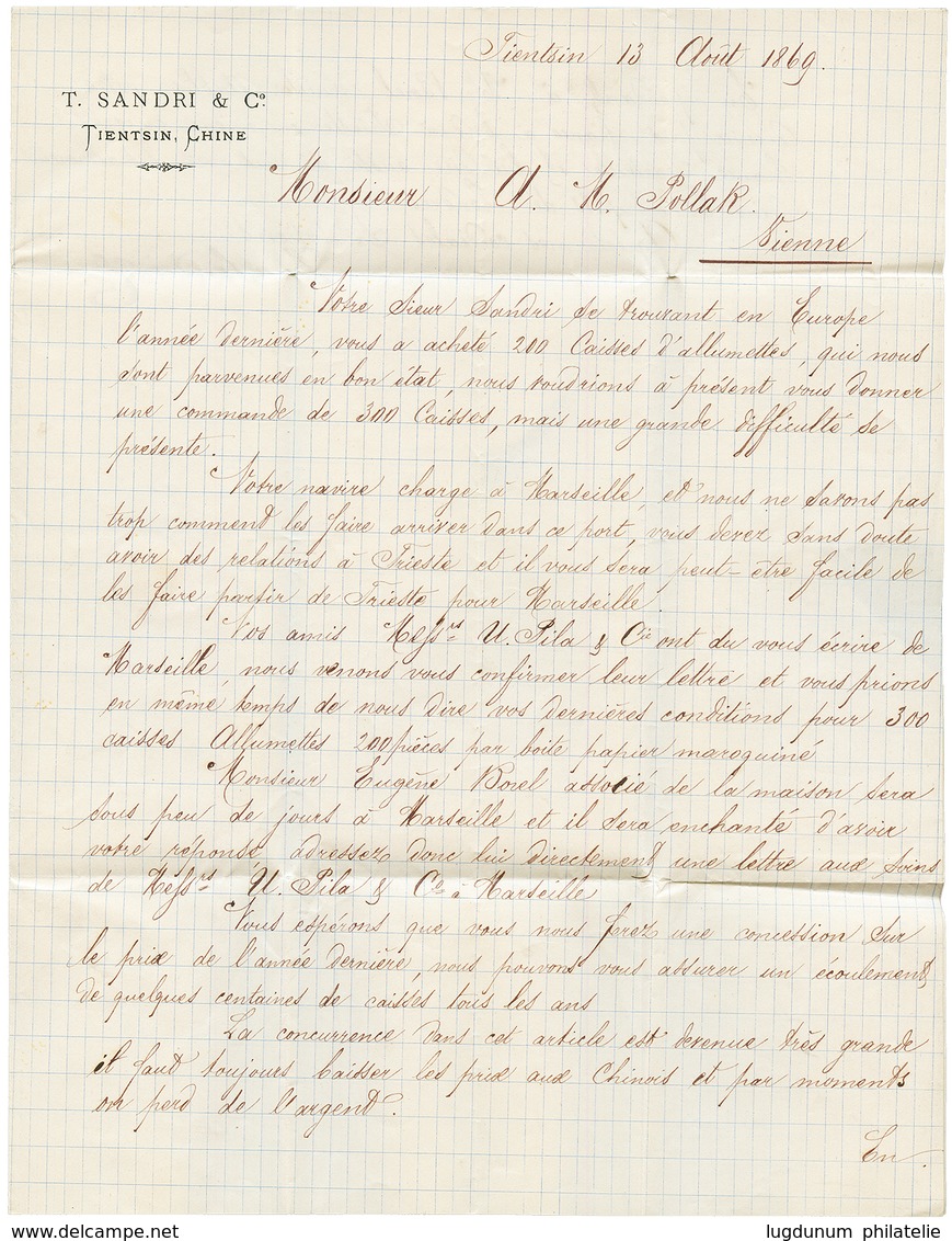 "TIENTSIN - PRECURSOR" : 1869 French Cachet SHANGHAI Bau FRANCAIS + Tax Marking On Entire Letter (fault) From TIEN-TSIN  - Sonstige & Ohne Zuordnung