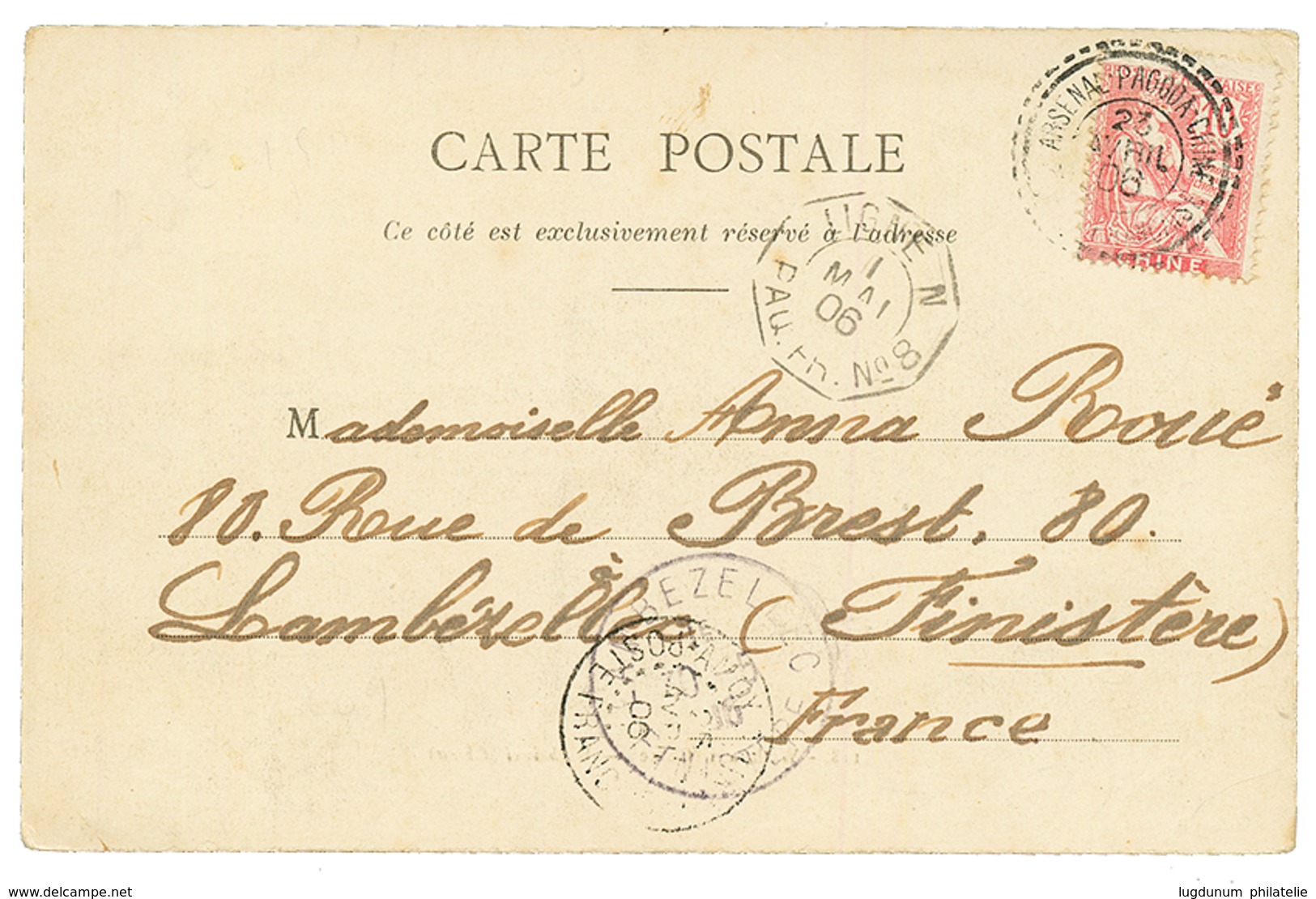 "ARSENAL PAGODA CHINE - French Post Office" : 1906 10c Canc. Extremely Scarce Cachet ARSENAL PAGODA CHINE On Card To FRA - Sonstige & Ohne Zuordnung