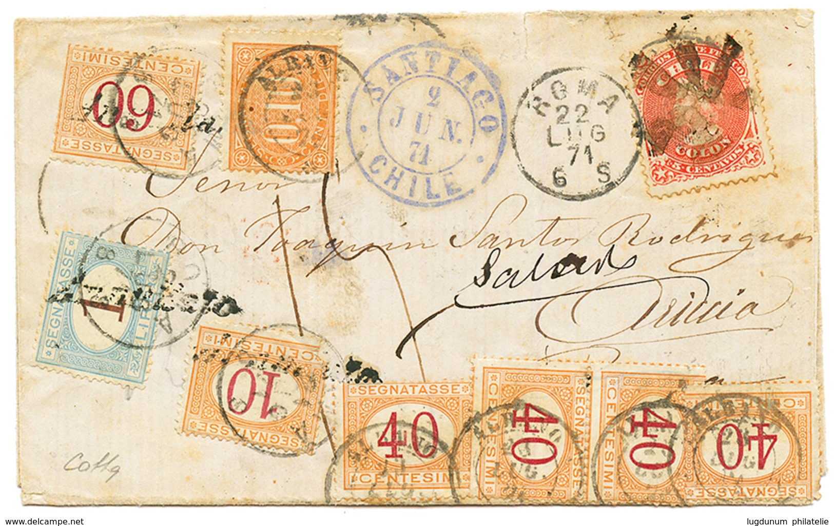 CHILE : 1871 CHILE 5c + SANTIAGO On Cover To ITALY Taxed On Arrival With ITALIAN POSTAGE DUES 0,10c + 40c (x4) Canc. ALB - Chile