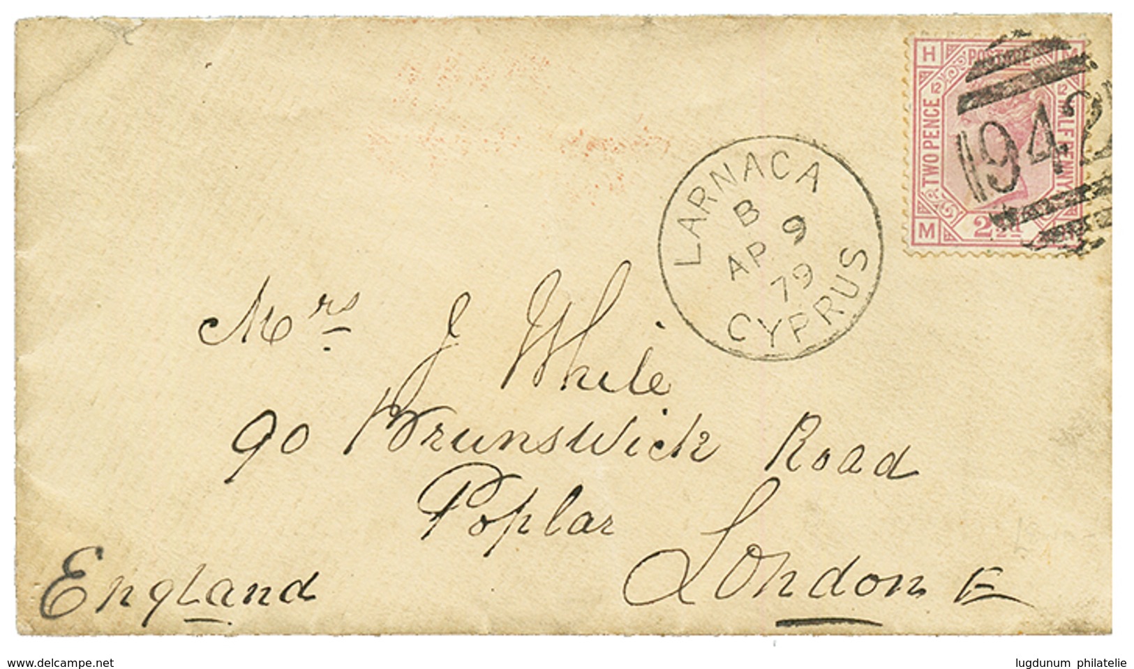 CYPRUS : 1879 GB 2 1/2d (pl.12) Canc. 942 + LARNACA CYPRUS On Envelope To LONDON. Rare So Nice. Vvf. - Sonstige & Ohne Zuordnung