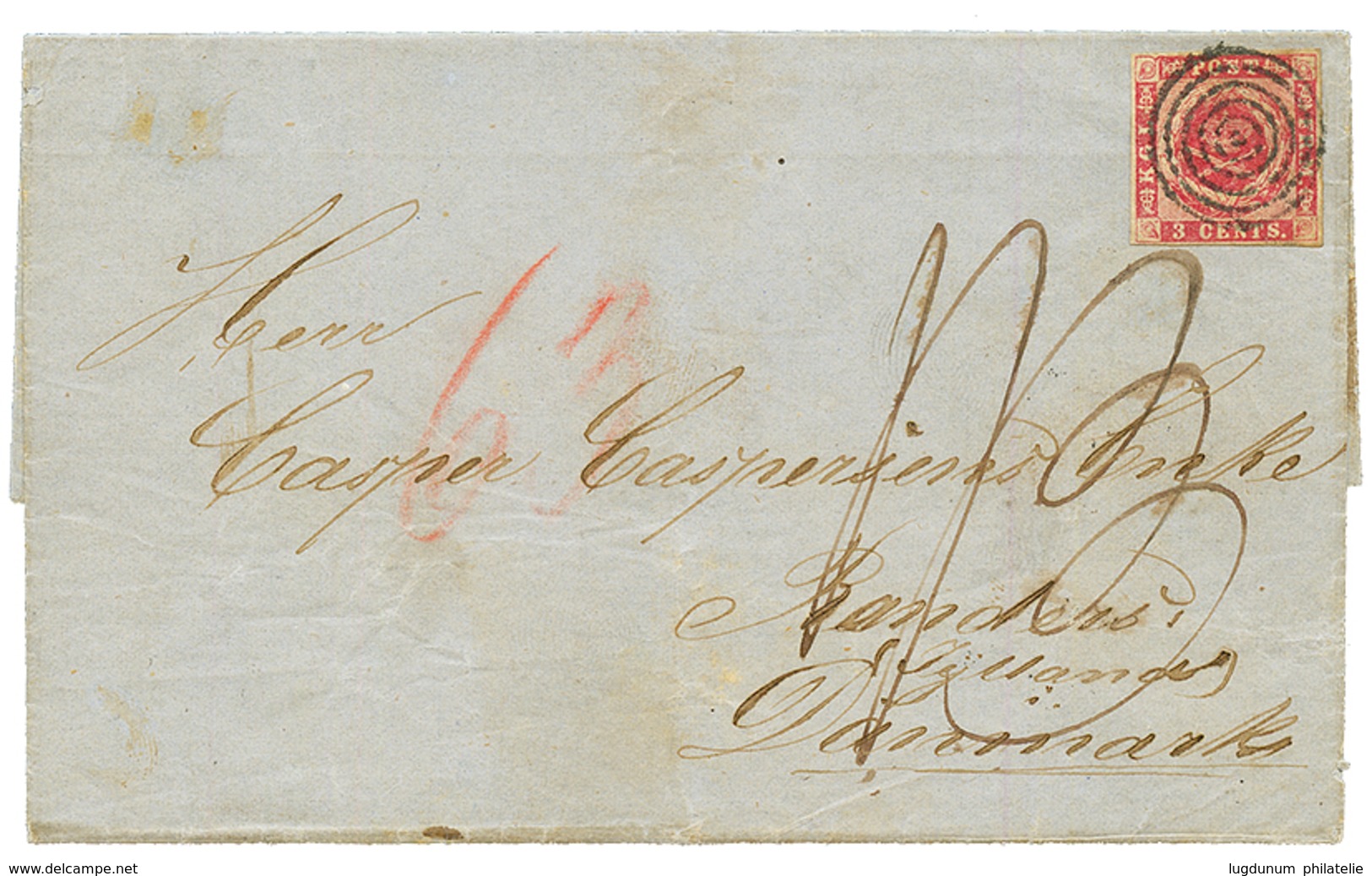 DANISH WEST INDIES : 1866 3c Carmine With 4 Large Margins + Tax Marking On Entire Letter Datelined "PORTO-CABELLO" Tp RA - Dänische Antillen (Westindien)