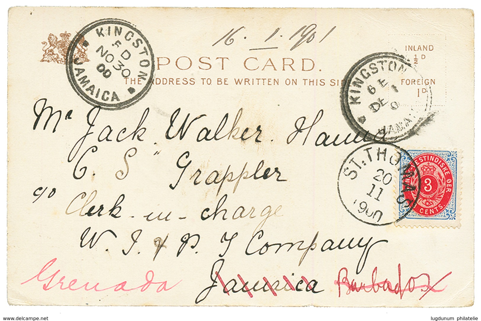 DWI To JAMAICA : 1900 3c Canc. ST THOMAS On Card (cycling ) To JAMAICA Redirected To BARBADOS And GRENADA. Superb. - Dänische Antillen (Westindien)