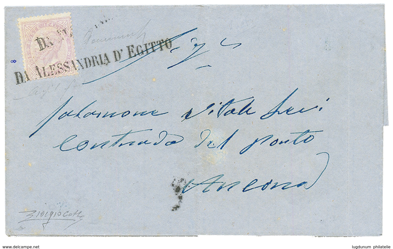 EGYPT : 1864 ITALY 60c Canc. DA ALESSANDRIA D' EGITTO On Cover To ANCONA. GREAT RARITY. COLLA Certificate (2009). Vvf. - Sonstige & Ohne Zuordnung