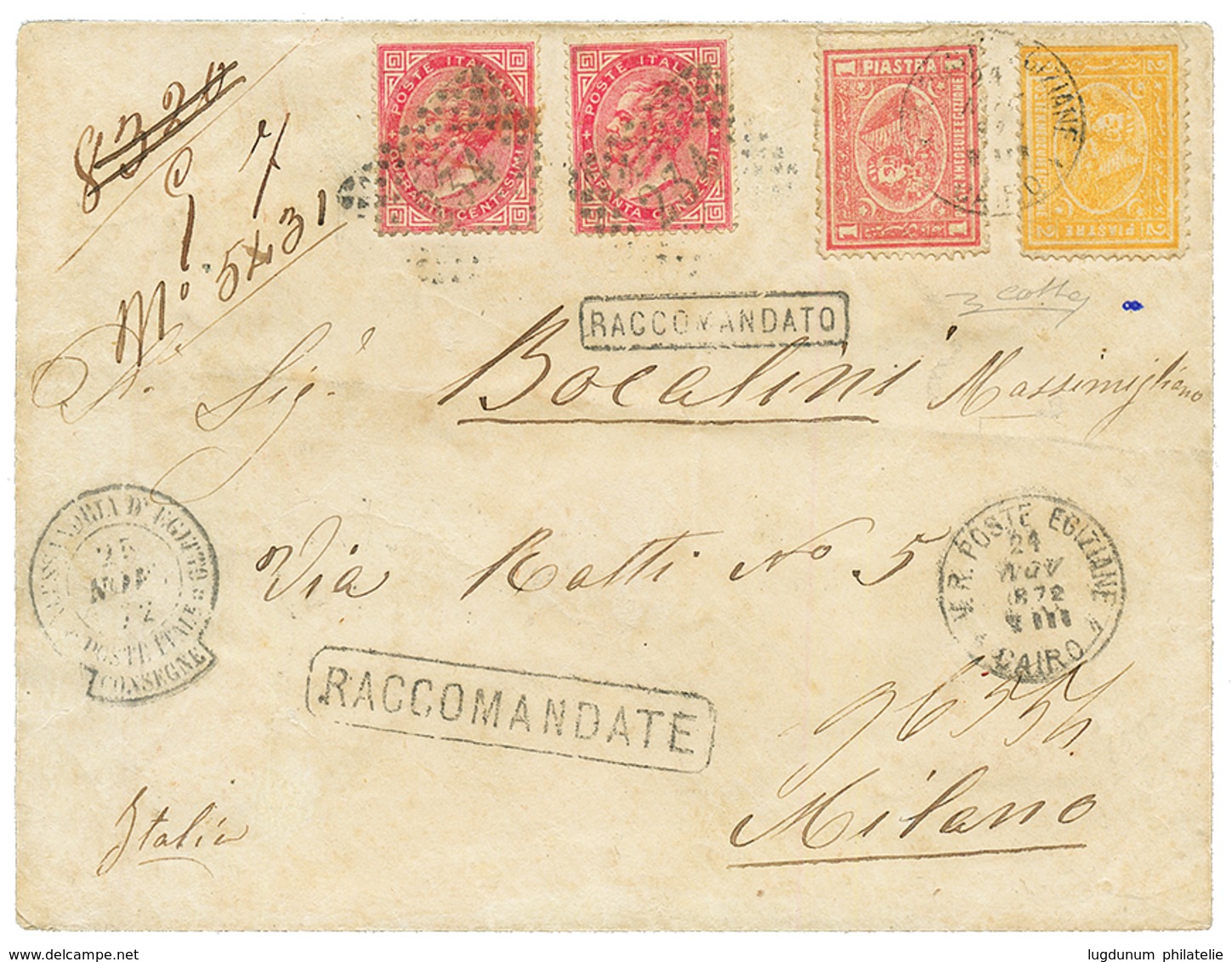 1872 ITALY 40c(x2) Canc. 234 + ALESSANDRIA D'EGITTO POSTE ITALIANE/CONSEGNE + EGYPT 1P + 2P Canc. POSTE EGIZIANE CAIRO O - Sonstige & Ohne Zuordnung