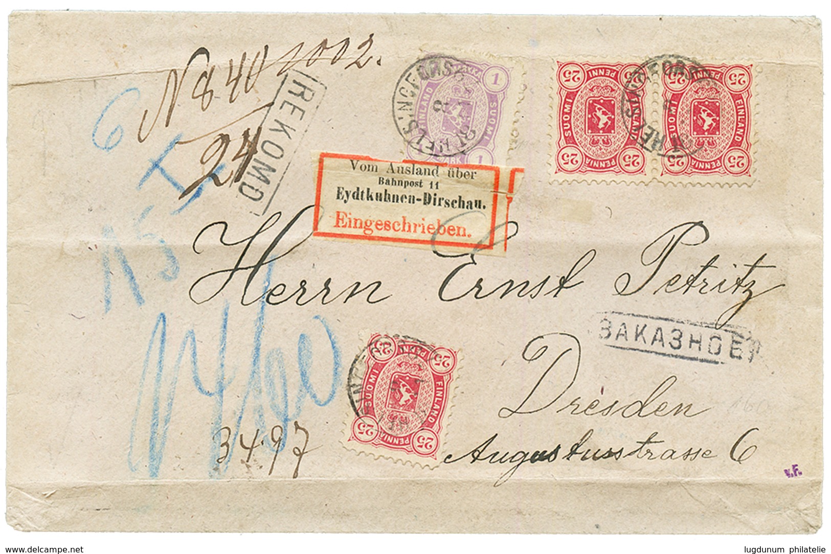 FINLAND : 1879 1 MARK Violet + 25p (x3) Canc. HELSINGFORS On REGISTERED Envelope To GERMANY. GREAT RARITY. OESCH Certifi - Sonstige & Ohne Zuordnung