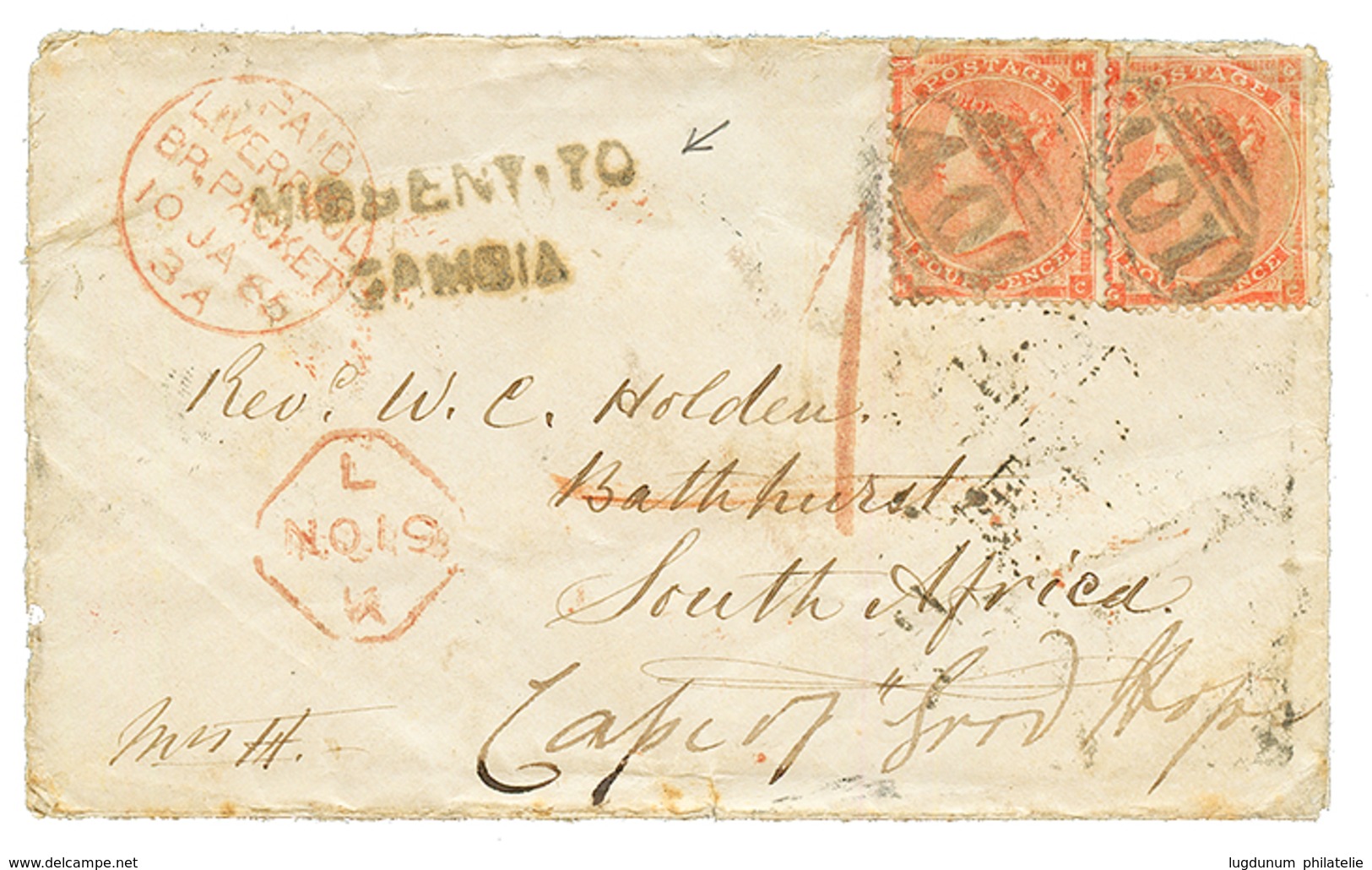 "MISSENT TO GAMBIA" : 1864 GREAT BRITAIN 4d (x2) Canc. 401 + LIVERPOOL/ BR.PACKET + Extremely Rare Cachet MISSENT TO GAM - Gambia (...-1964)