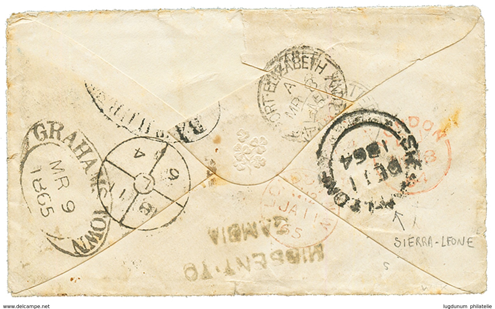 "MISSENT TO GAMBIA" : 1864 GREAT BRITAIN 4d (x2) Canc. 401 + LIVERPOOL/ BR.PACKET + Extremely Rare Cachet MISSENT TO GAM - Gambia (...-1964)