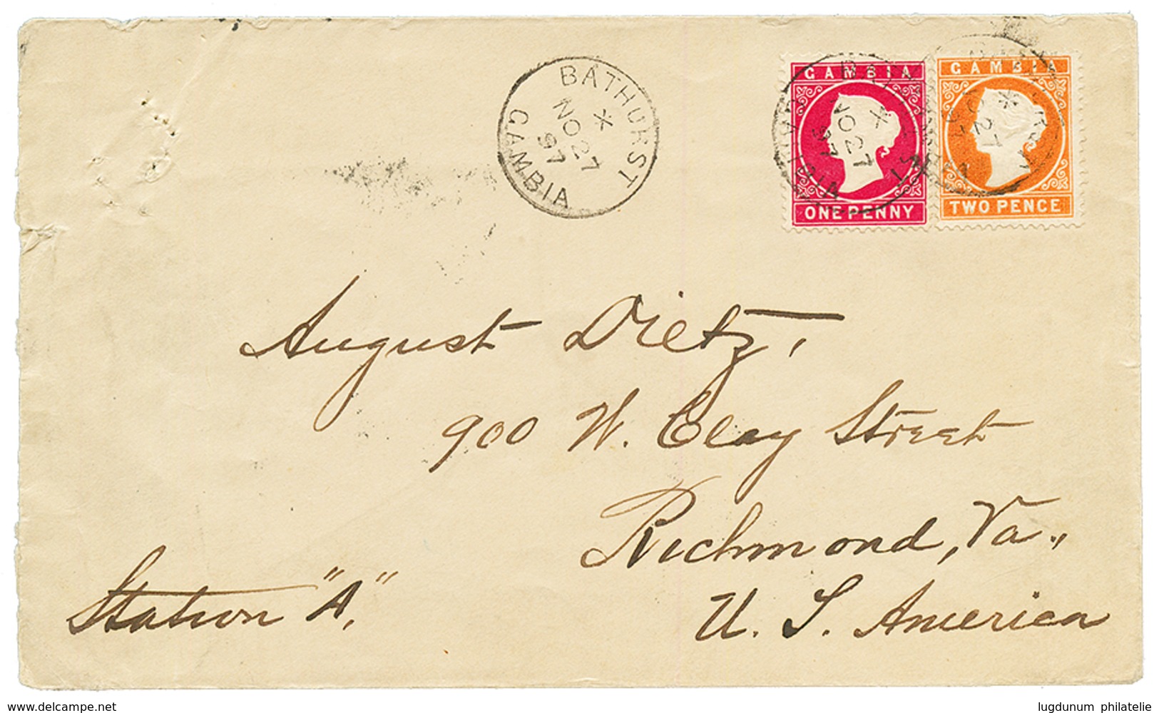 GAMBIA : 1897 1d + 2d Canc. BATHURST On Envelope To USA. Superb. - Gambia (...-1964)