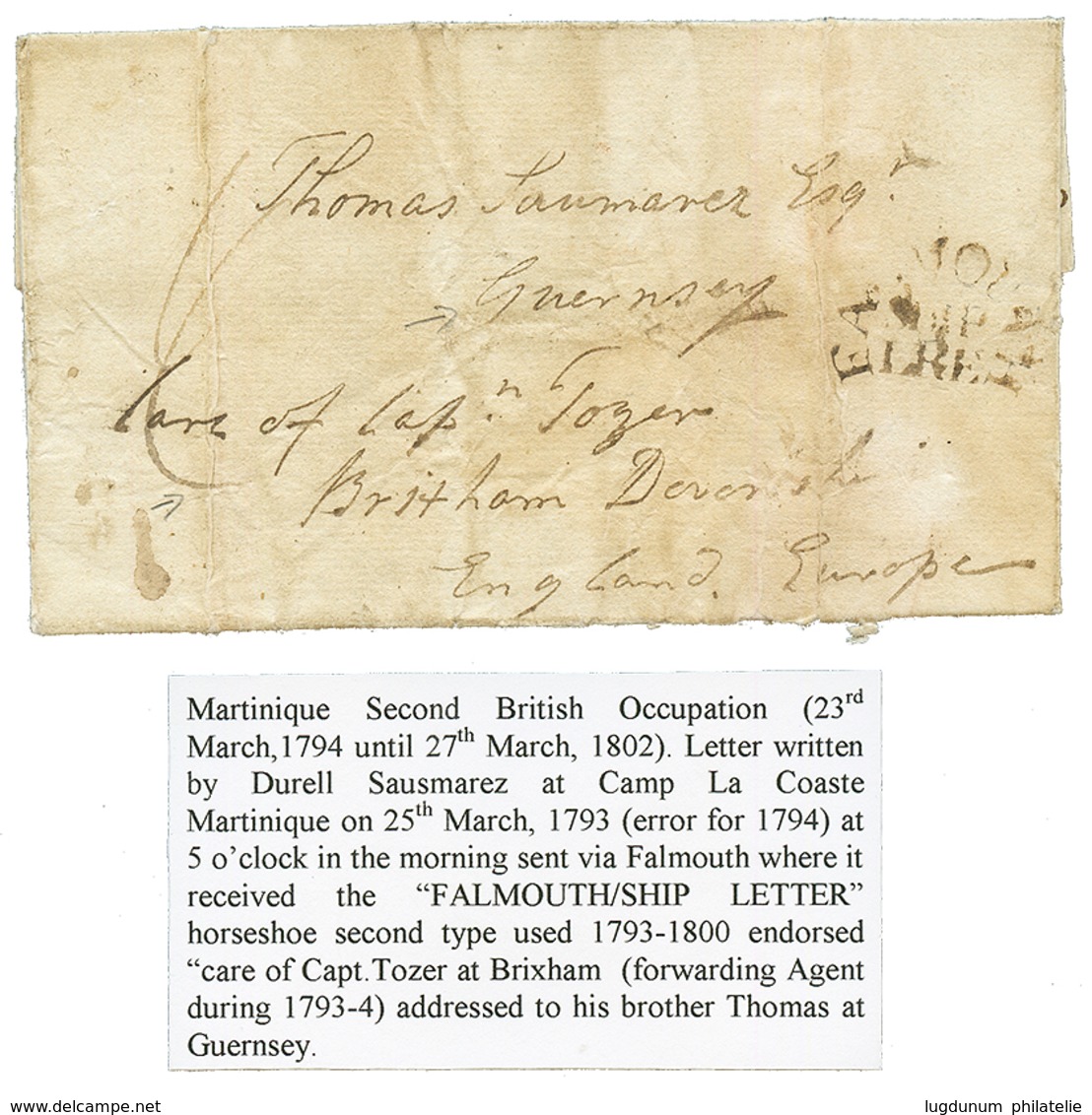 MARTINIQUE - Secon BRITISH Occupation : 1793 FALMOUTH / SHIP LETTER On Entire Letter Datelined "CAMP LA COASTE MARTINIQU - Sonstige & Ohne Zuordnung