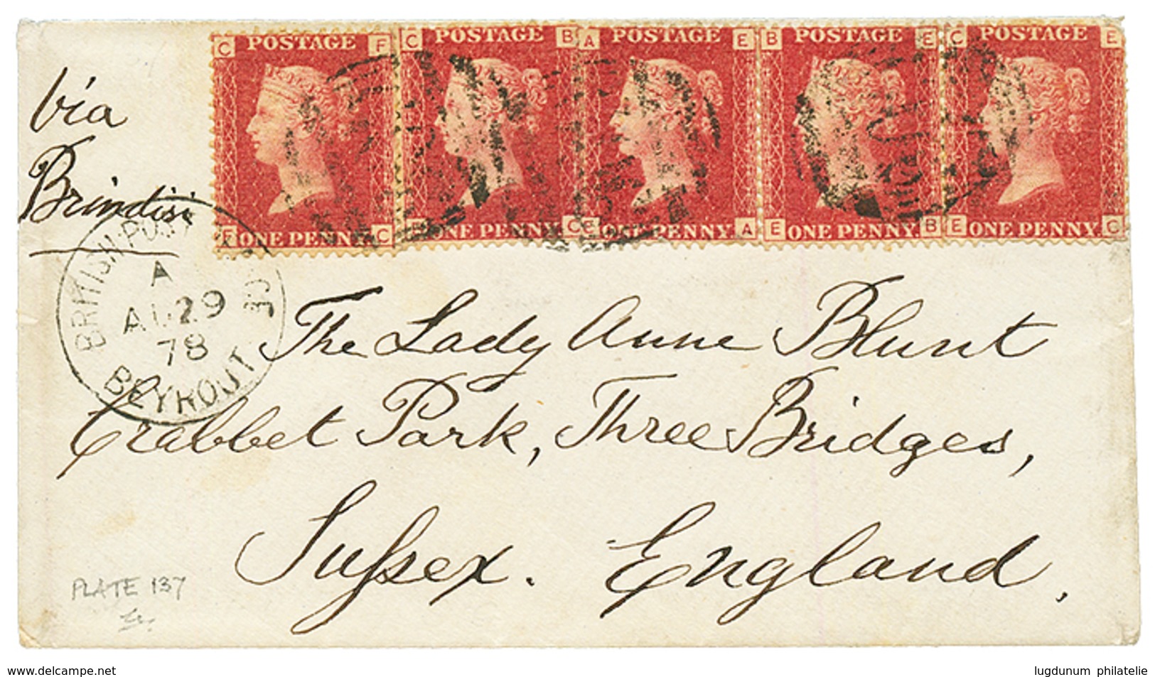 "BEYROUTH" : 1878 1d (pl. 137) X5 Canc. G06 + BRITISH POST OFFICE BEYROUTH On Envelope Via BRINDISI To ENGLAND. Very Sca - Sonstige & Ohne Zuordnung