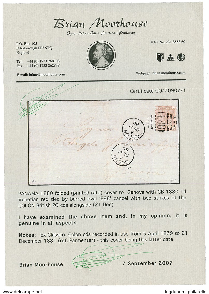 "COLON" : 1880 GB 1d Venetian Red Canc. E88 + COLON On Cover (PRINTED MATTER Rate) To GENOVA (ITALY). Ex. GLASSCO. Very  - Sonstige & Ohne Zuordnung