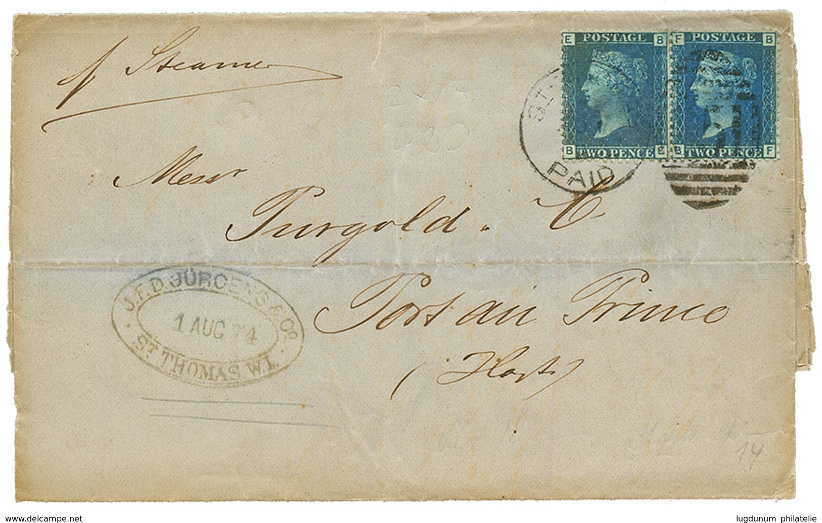 DANISH WEST INDIES : 1874 GB 2d (x2) Canc. C51 + ST THOMAS On Entire Letter To PORT AU PRINCE HAITI . Vvf. - Sonstige & Ohne Zuordnung